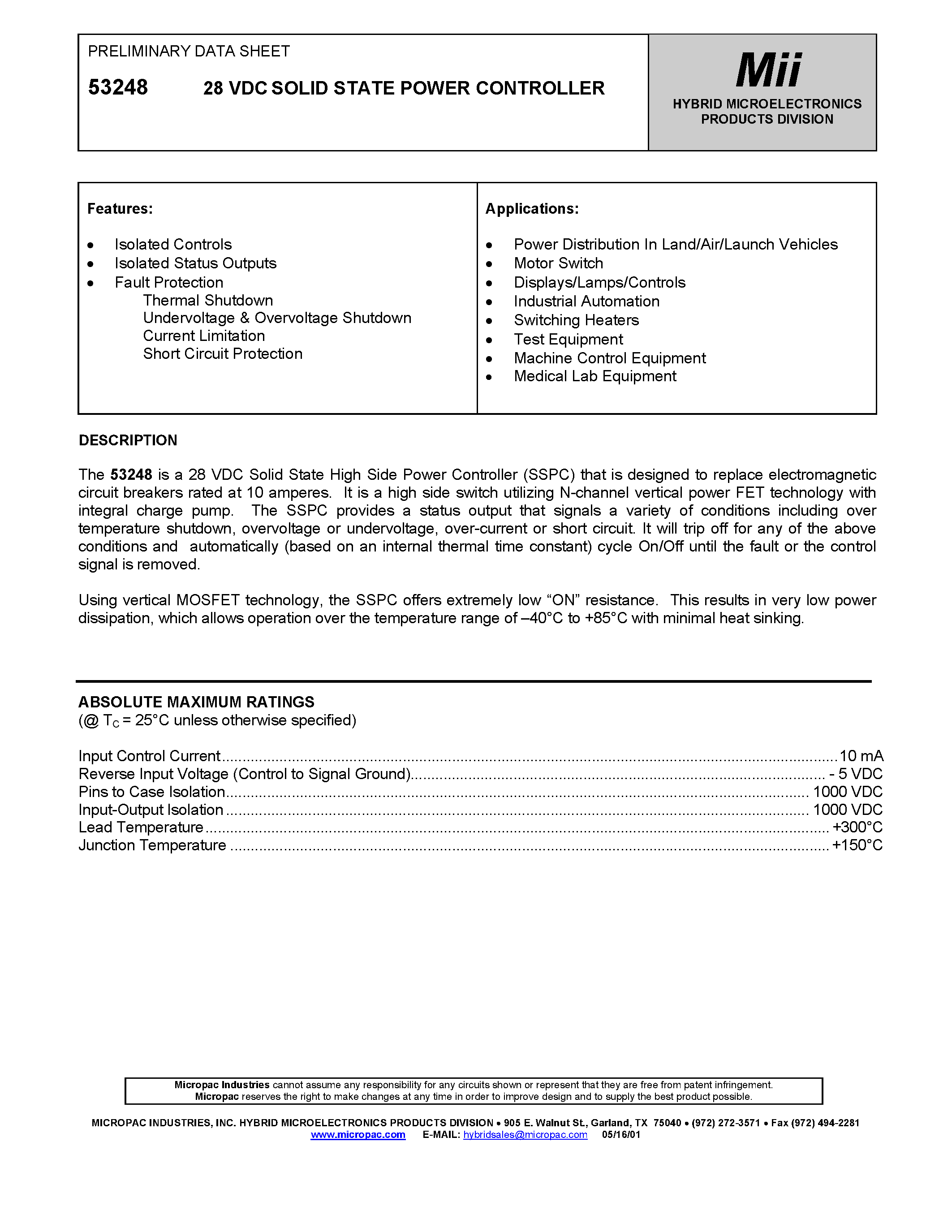 Datasheet 53248 page 1 Datasheet 53248 - 28 VDC SOLID STATE POWER CONTROLLER page 1