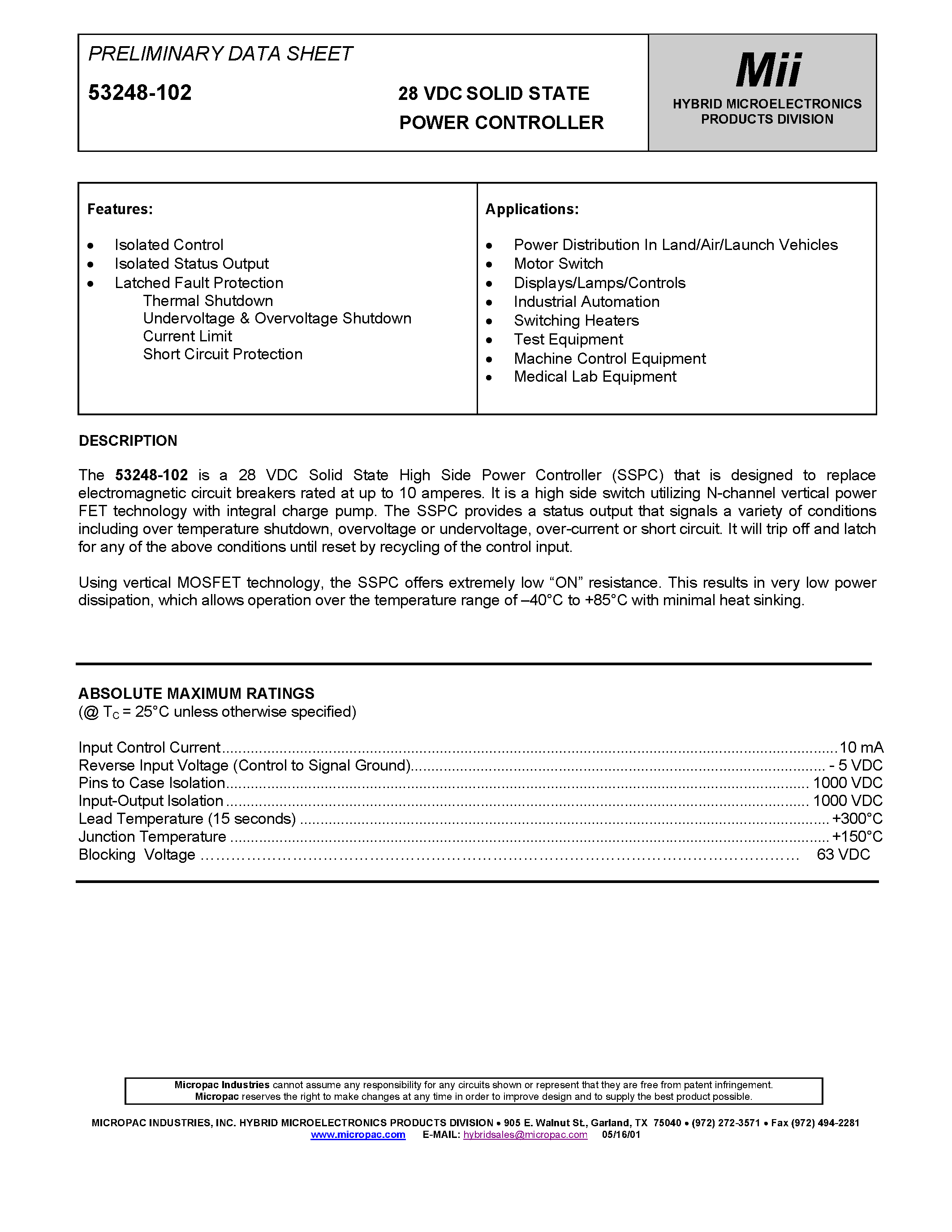 Datasheet 53248-102 page 1 Datasheet 53248-102 - 28 VDC SOLID STATE POWER CONTROLLER page 1