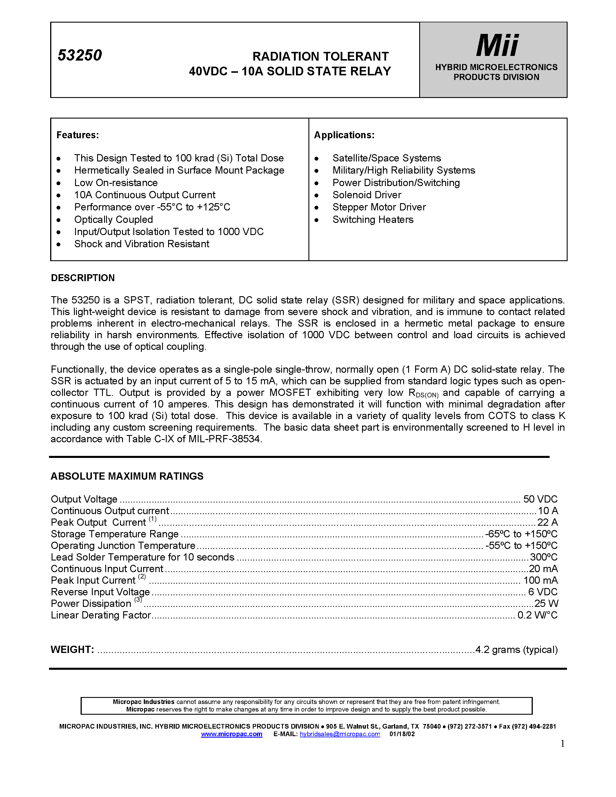 Datasheet 53250 page 1 Datasheet 53250 - RADIATION TOLERANT 40VDC - 2A SOLID STATE RELAY page 1