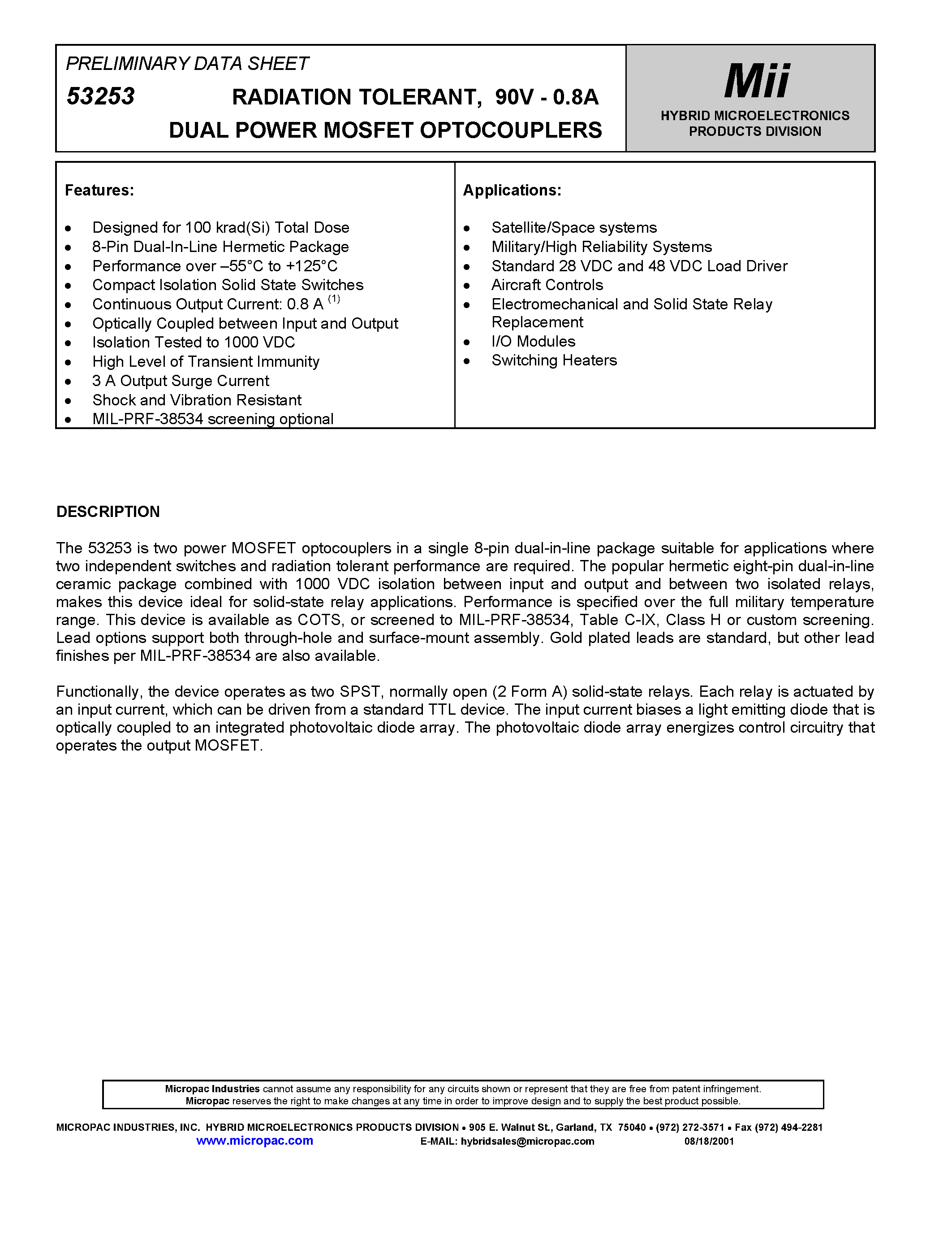 Datasheet 53253 - RADIATION TOLERANT/ 90V - 0.8A DUAL POWER MOSFET OPTOCOUPLERS page 1