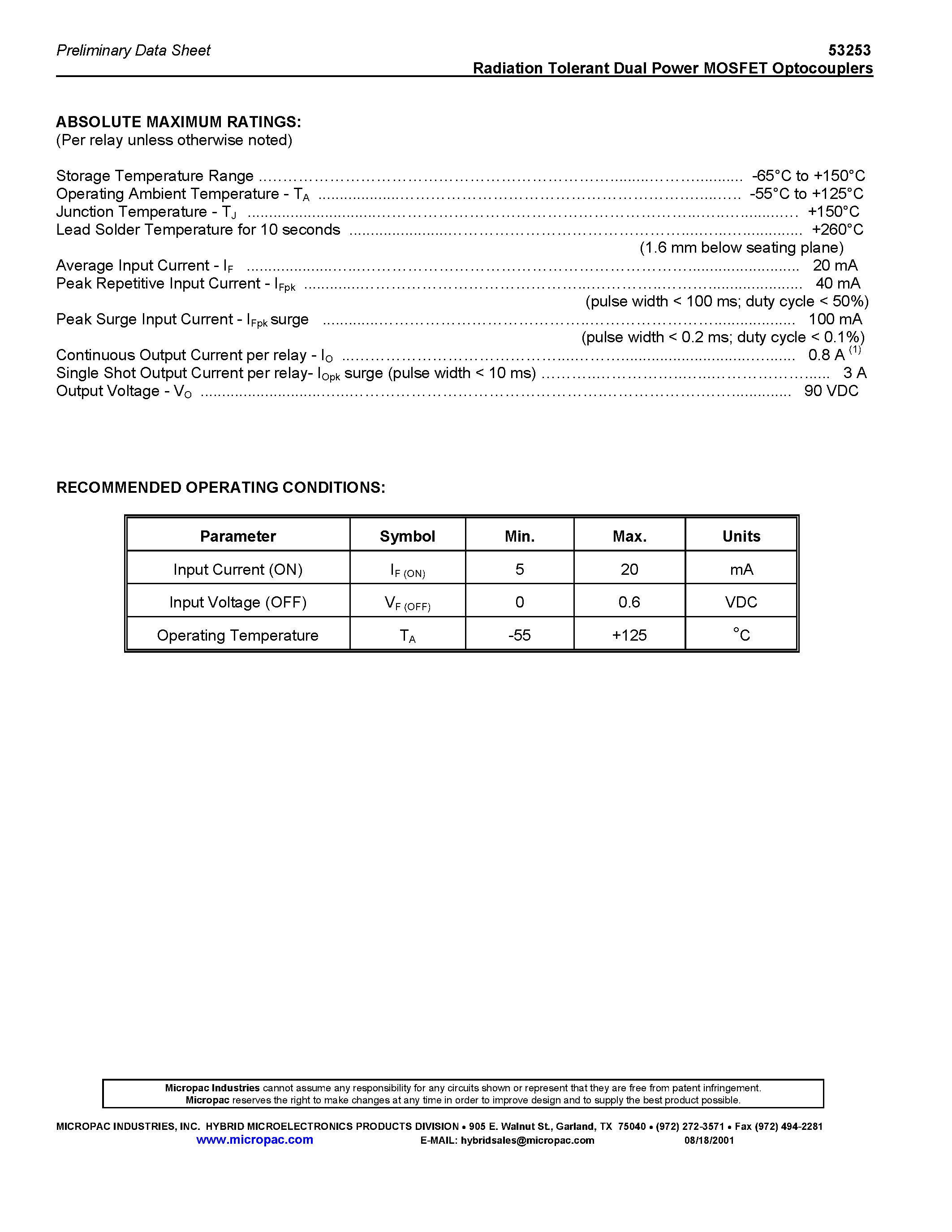 Datasheet 53253 - RADIATION TOLERANT/ 90V - 0.8A DUAL POWER MOSFET OPTOCOUPLERS page 2