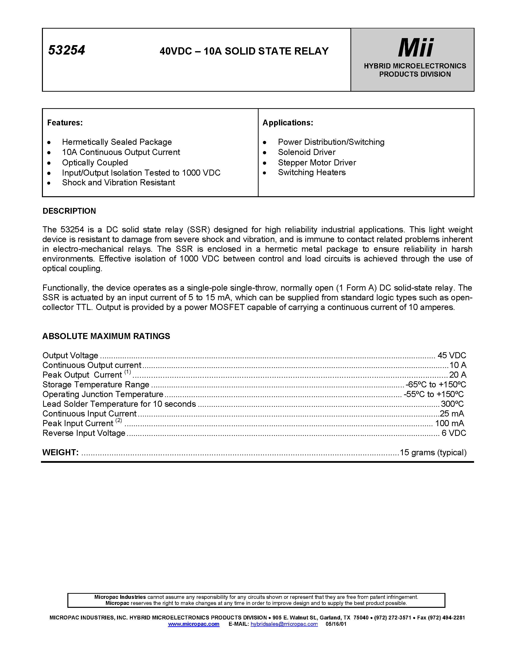 Datasheet 53254 page 1 Datasheet 53254 - 40VDC - 10A SOLID STATE RELAY page 1