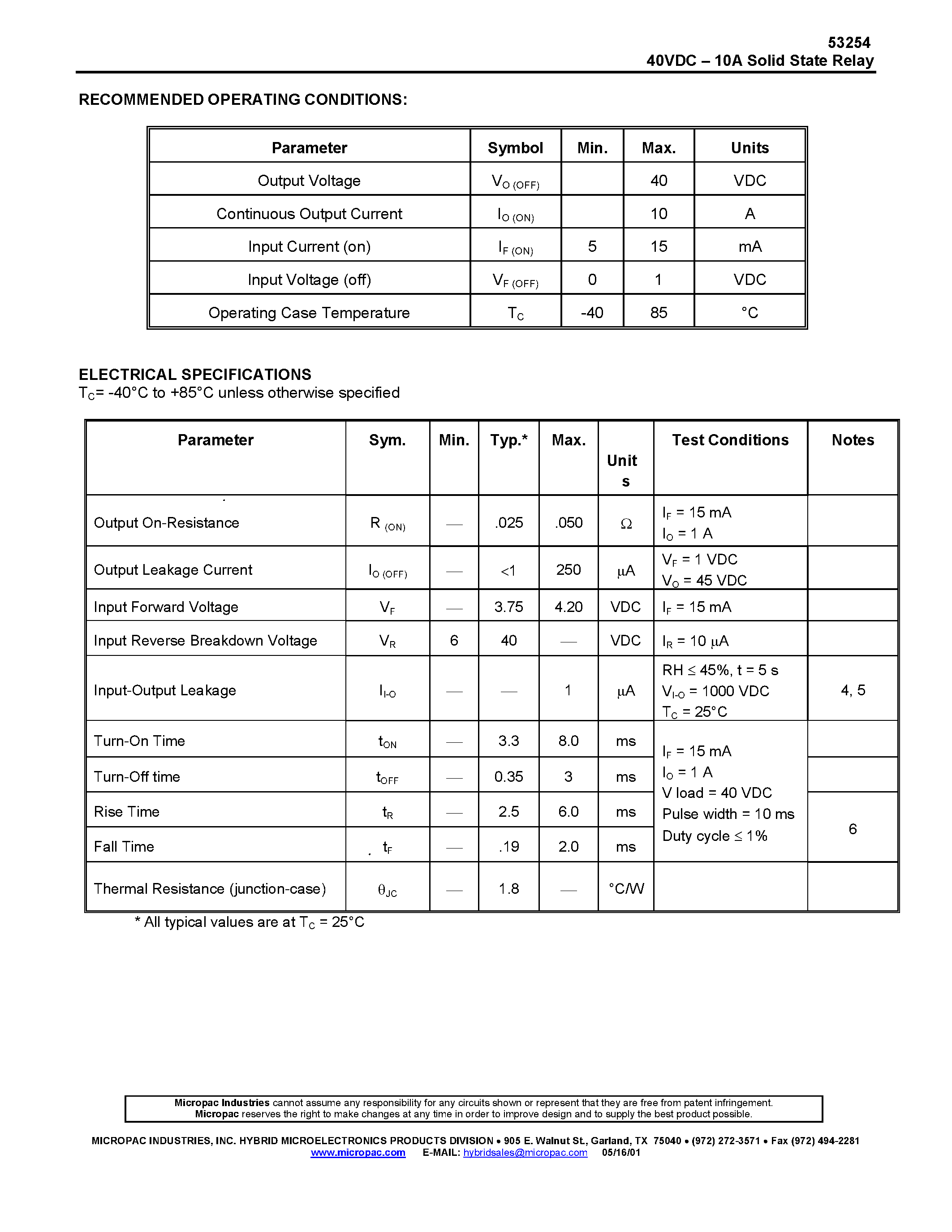 Datasheet 53254 page 2 Datasheet 53254 - 40VDC - 10A SOLID STATE RELAY page 2