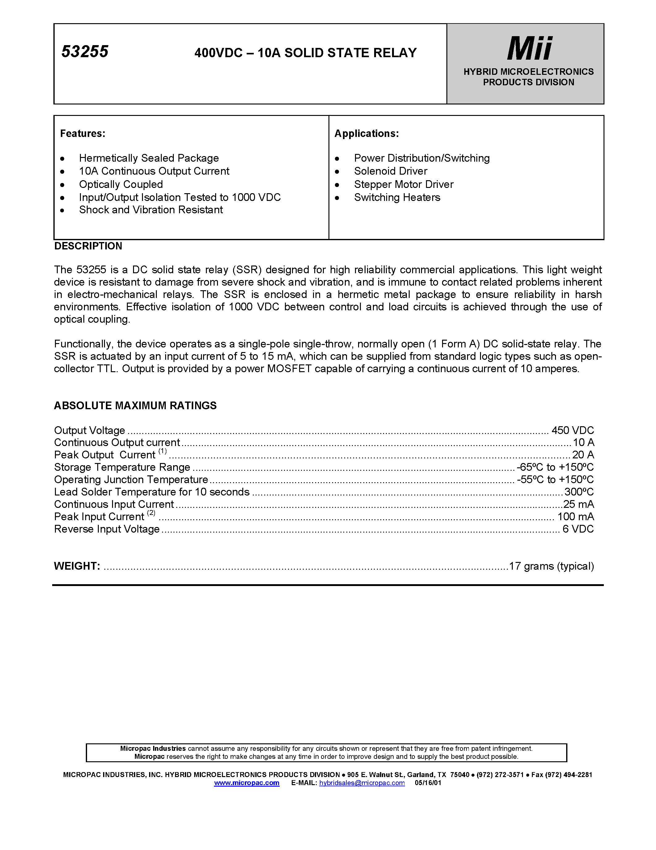 Datasheet 53255 page 1 Datasheet 53255 - 400VDC - 10A SOLID STATE RELAY page 1
