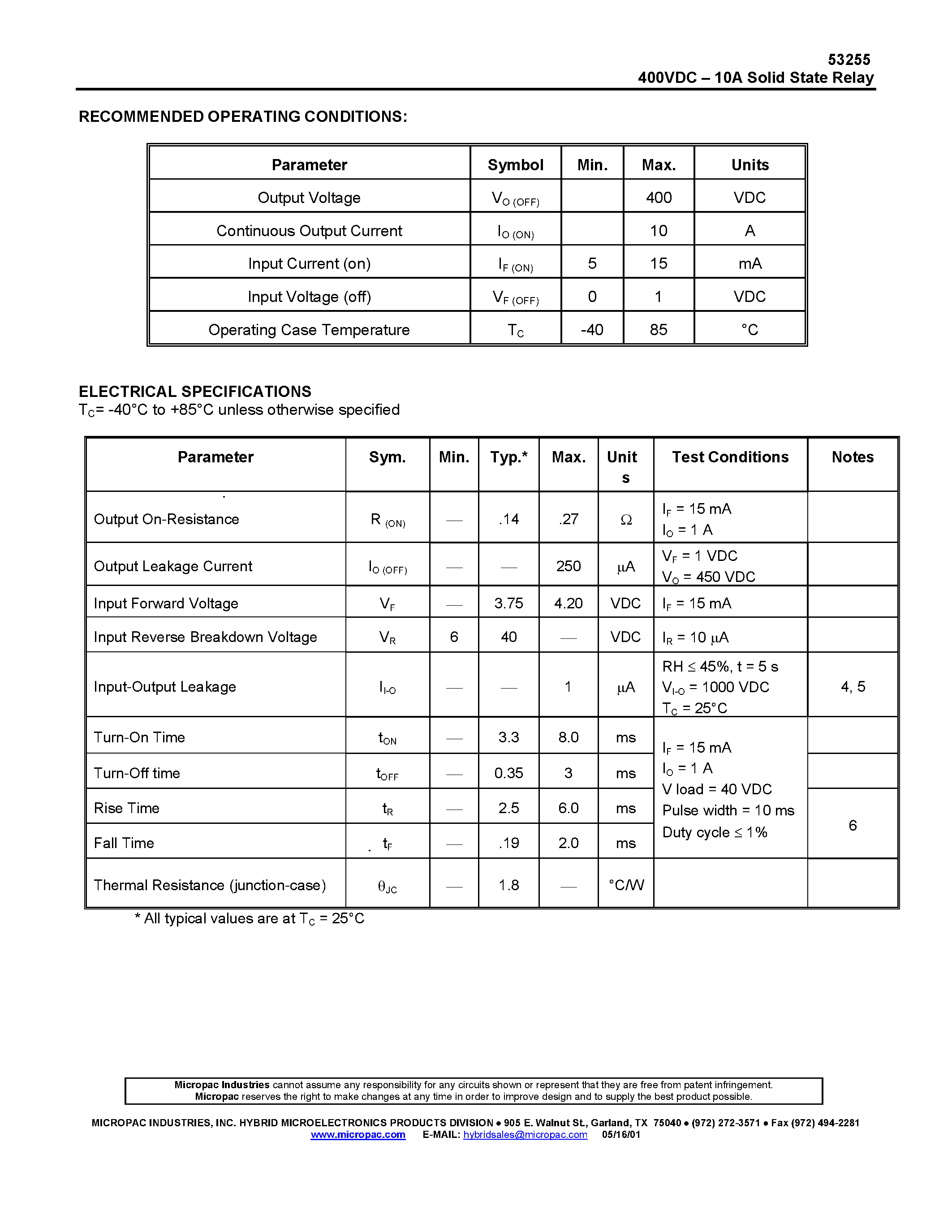 Datasheet 53255 page 2 Datasheet 53255 - 400VDC - 10A SOLID STATE RELAY page 2