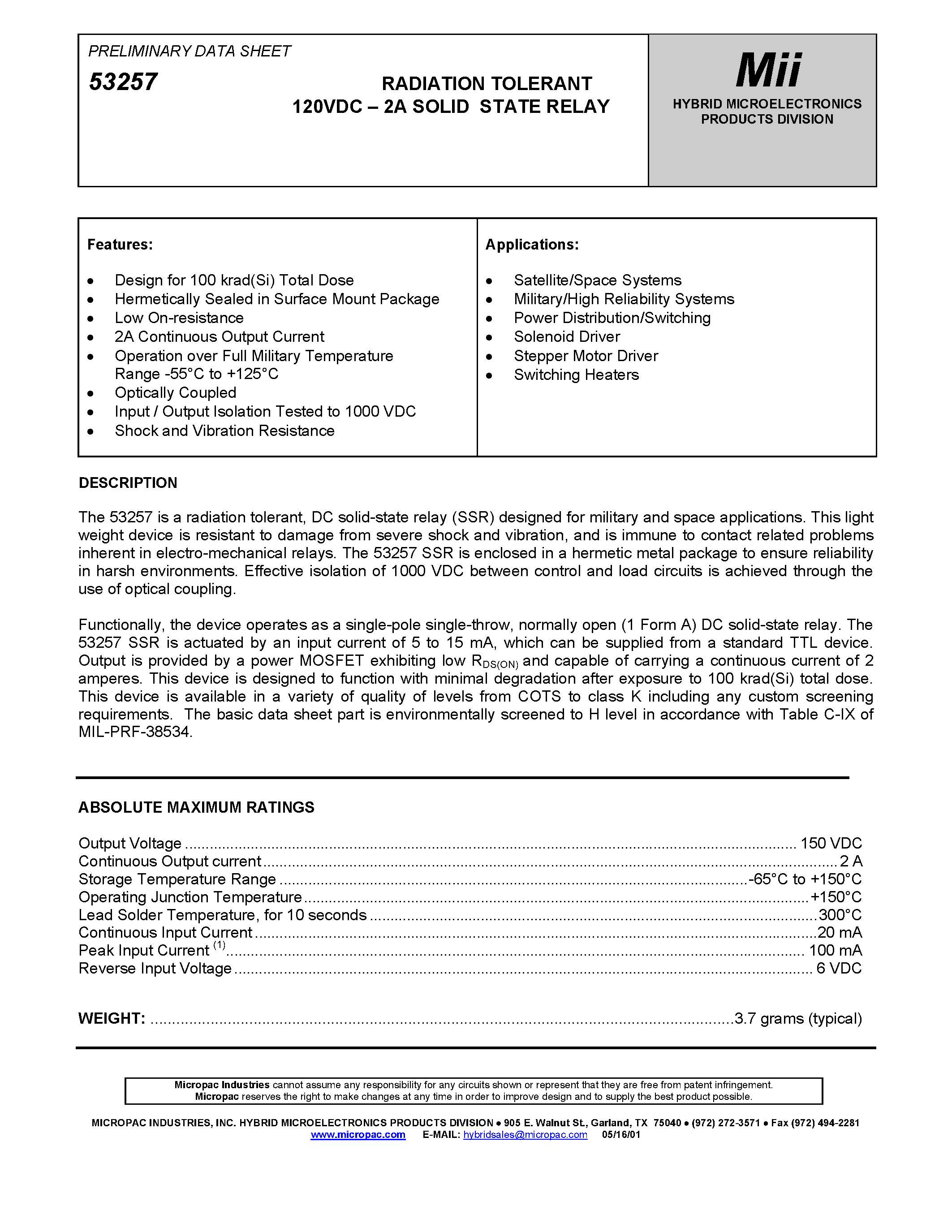 Datasheet 53257 page 1 Datasheet 53257 - RADIATION TOLERANT 120VDC - 2A SOLID STATE RELAY page 1