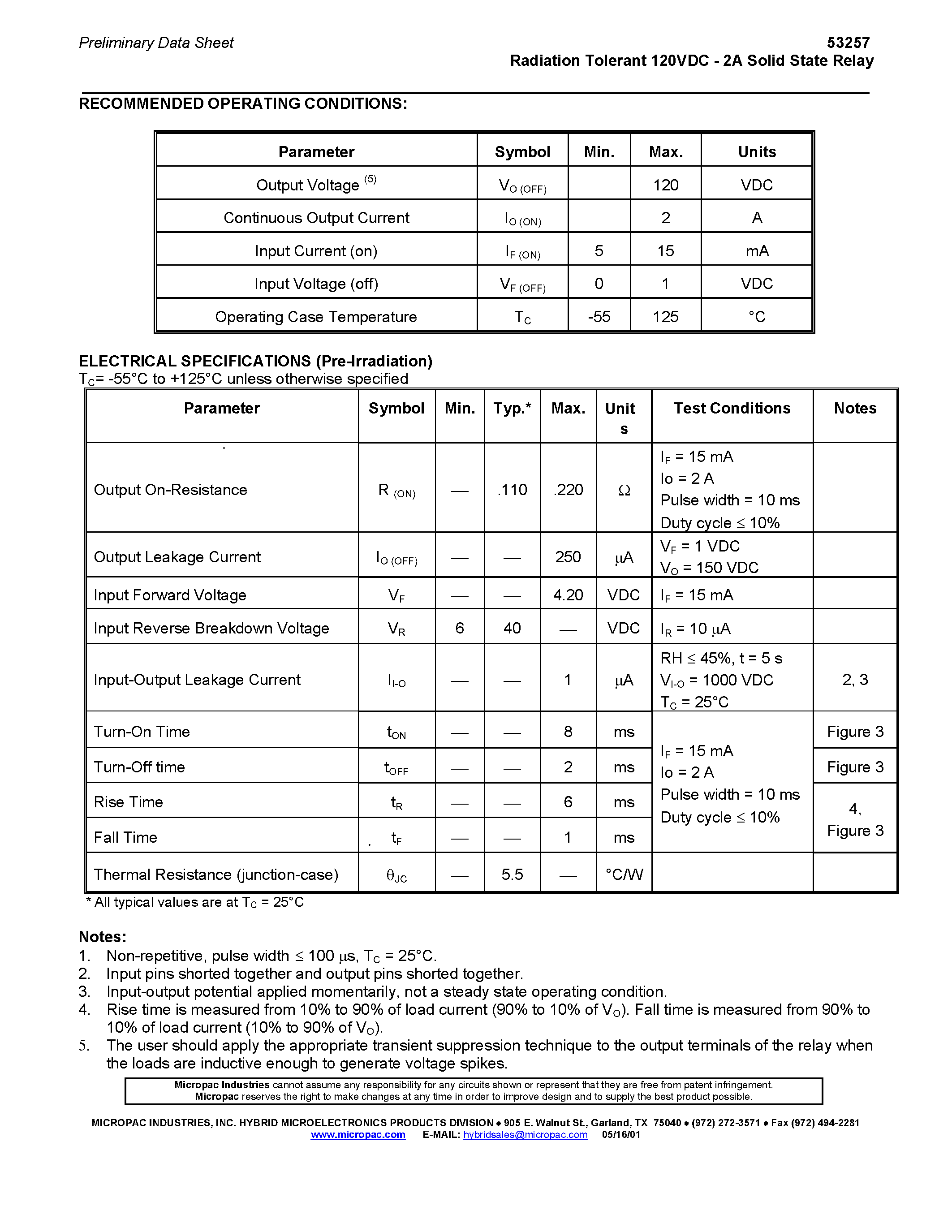Datasheet 53257 page 2 Datasheet 53257 - RADIATION TOLERANT 120VDC - 2A SOLID STATE RELAY page 2