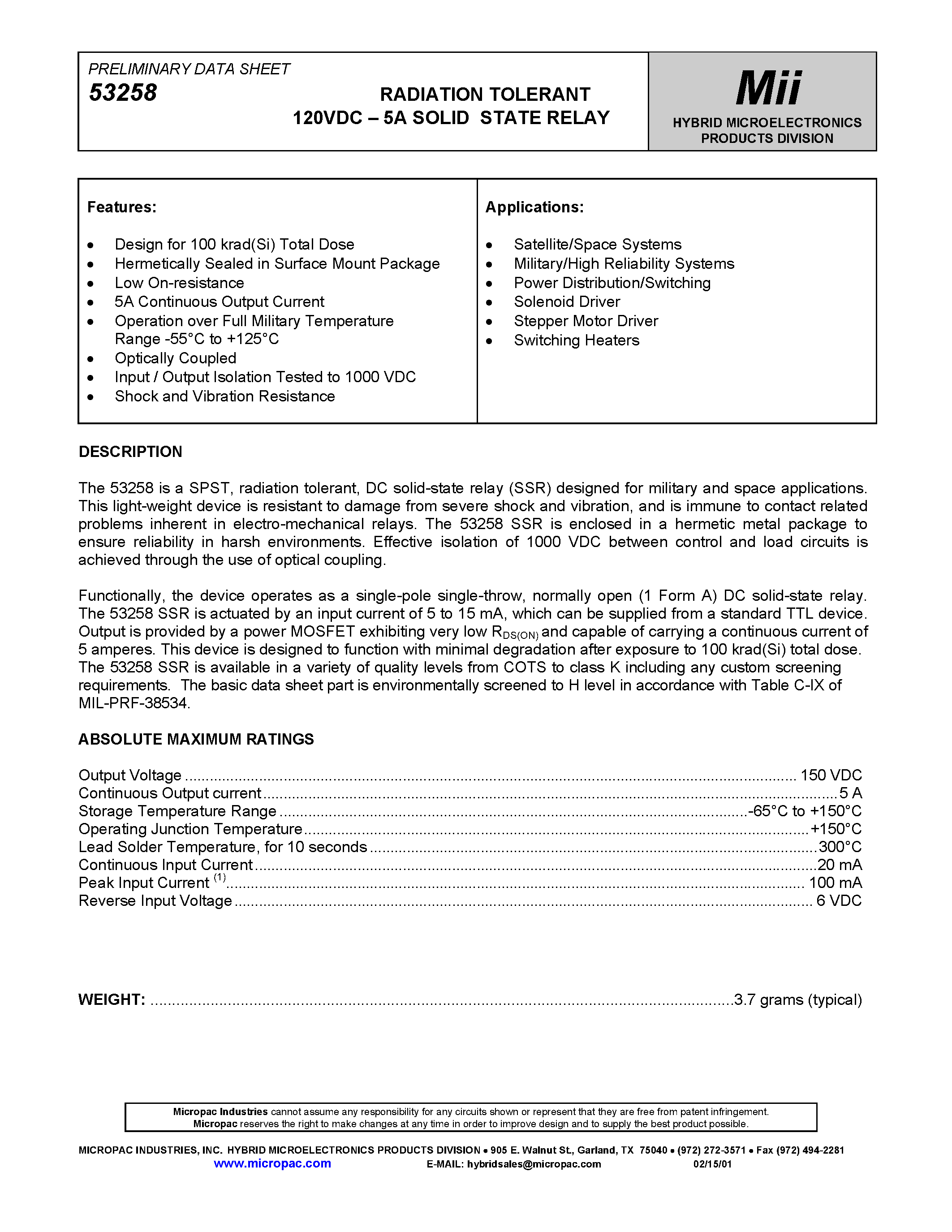 Datasheet 53258 page 1 Datasheet 53258 - RADIATION TOLERANT 120VDC - 5A SOLID STATE RELAY page 1