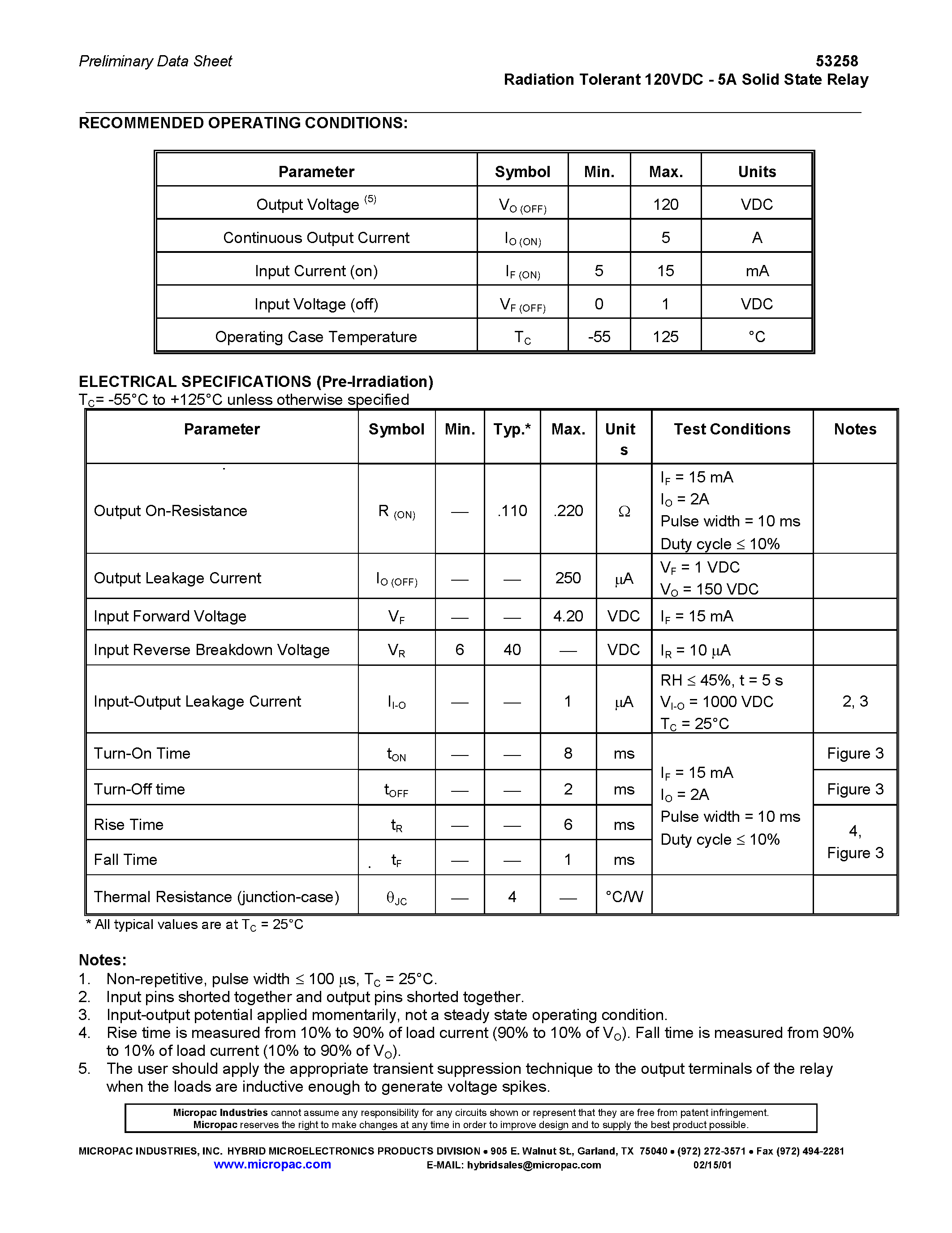 Datasheet 53258 page 2 Datasheet 53258 - RADIATION TOLERANT 120VDC - 5A SOLID STATE RELAY page 2