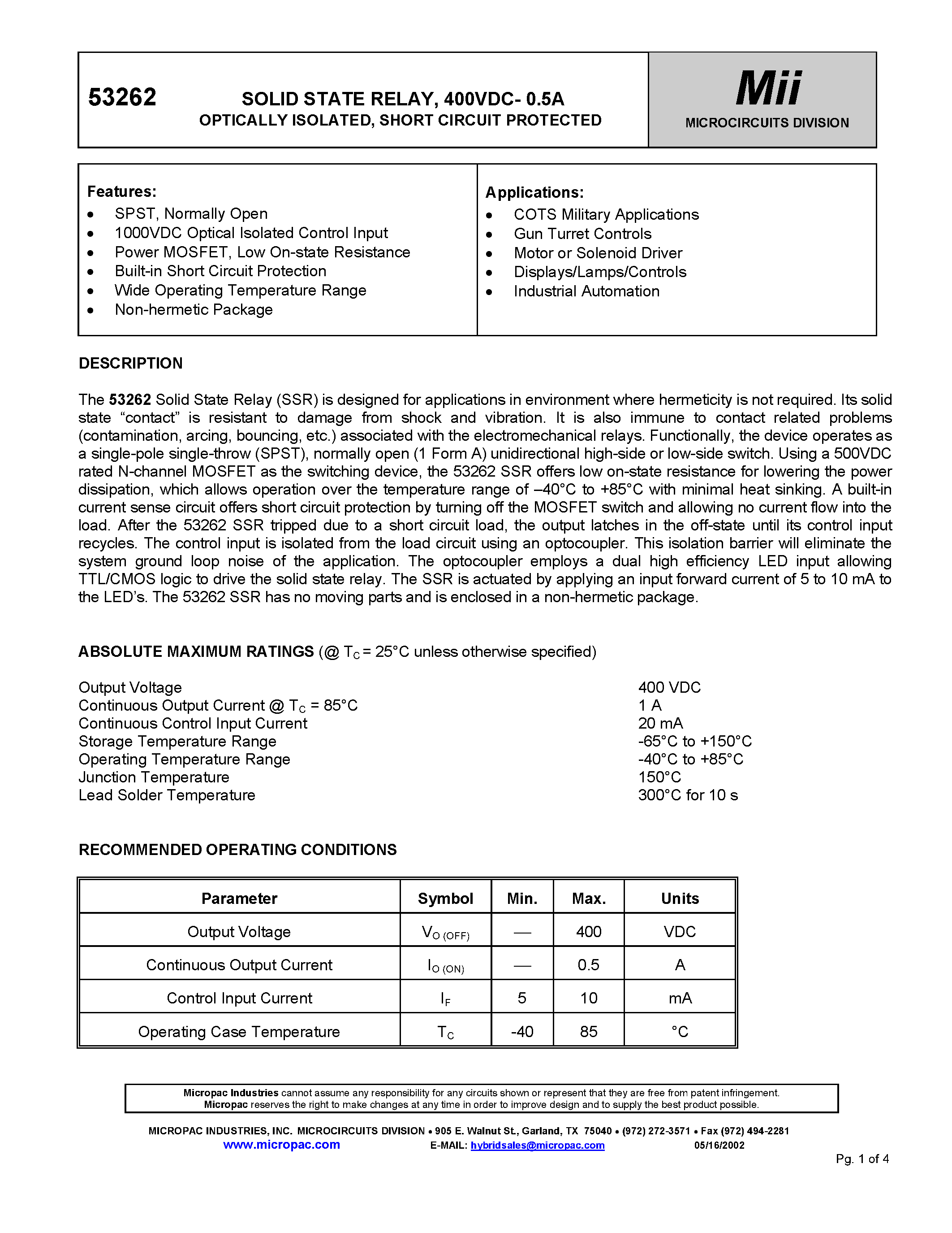 Datasheet 53262 page 1 Datasheet 53262 - SOLID STATE RELAY/ 400VDC- 0.5A OPTICALLY ISOLATED/ SHORT CIRCUIT PROTECTED page 1