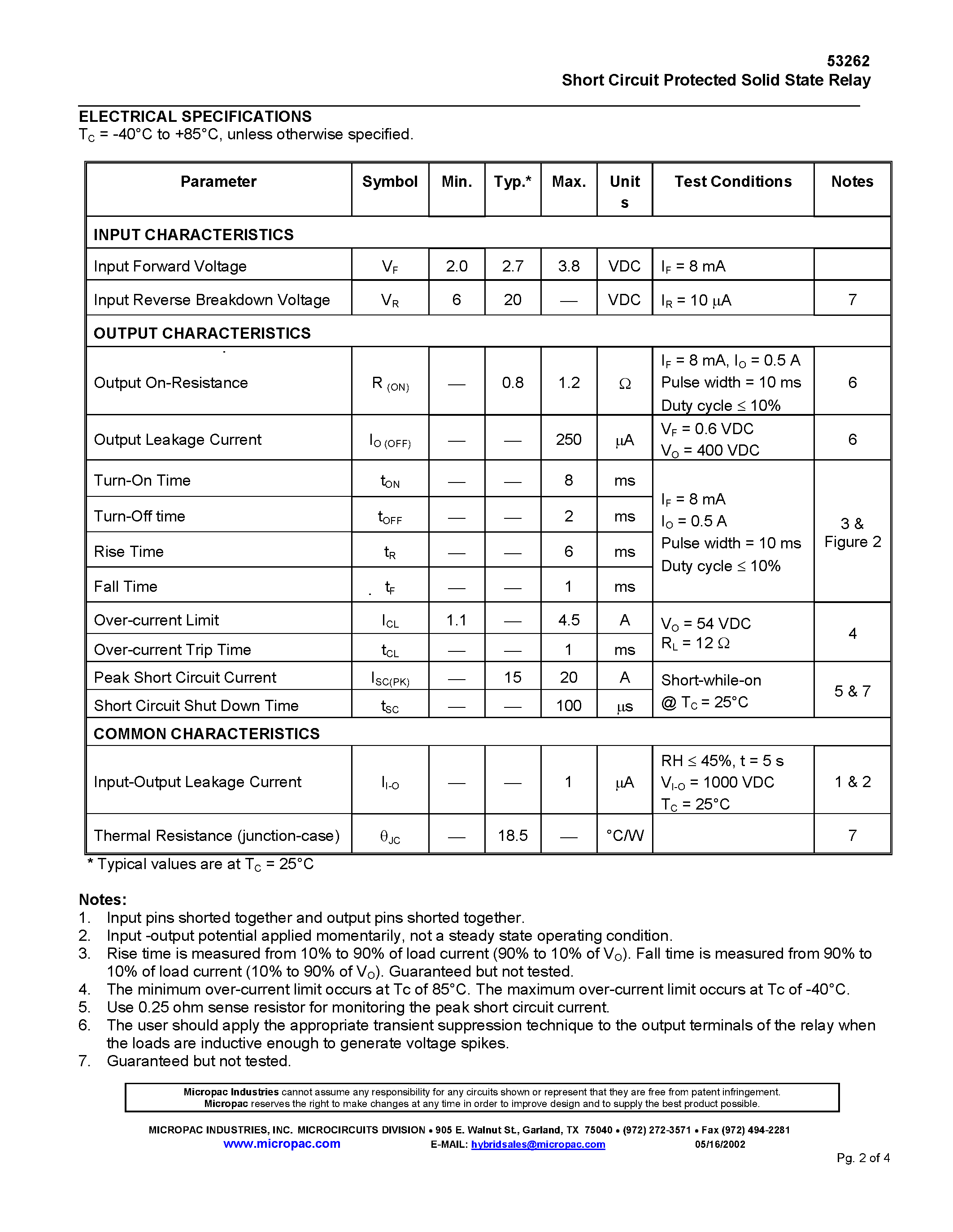 Datasheet 53262 page 2 Datasheet 53262 - SOLID STATE RELAY/ 400VDC- 0.5A OPTICALLY ISOLATED/ SHORT CIRCUIT PROTECTED page 2