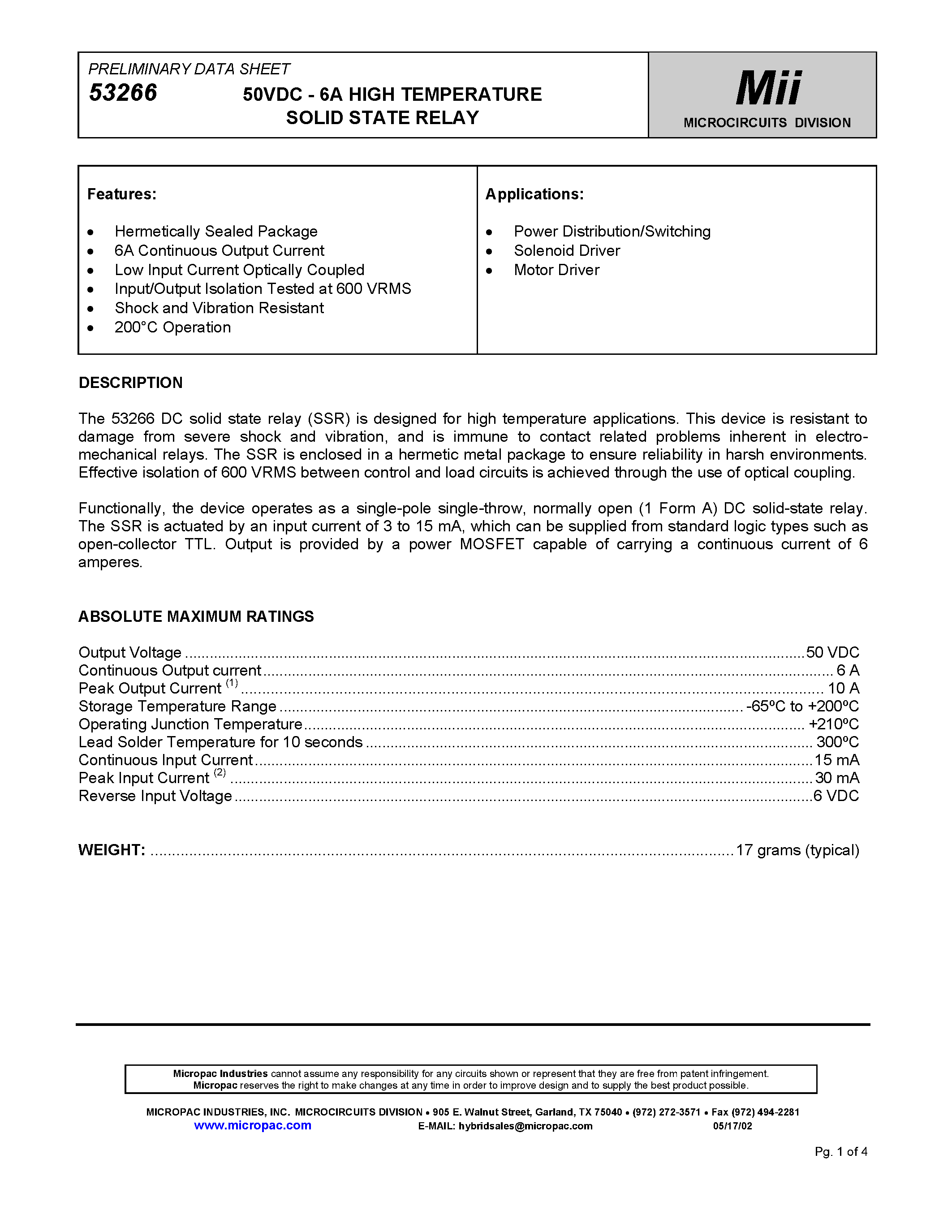 Datasheet 53266 page 1 Datasheet 53266 - 50VDC - 6A HIGH TEMPERATURE SOLID STATE RELAY page 1