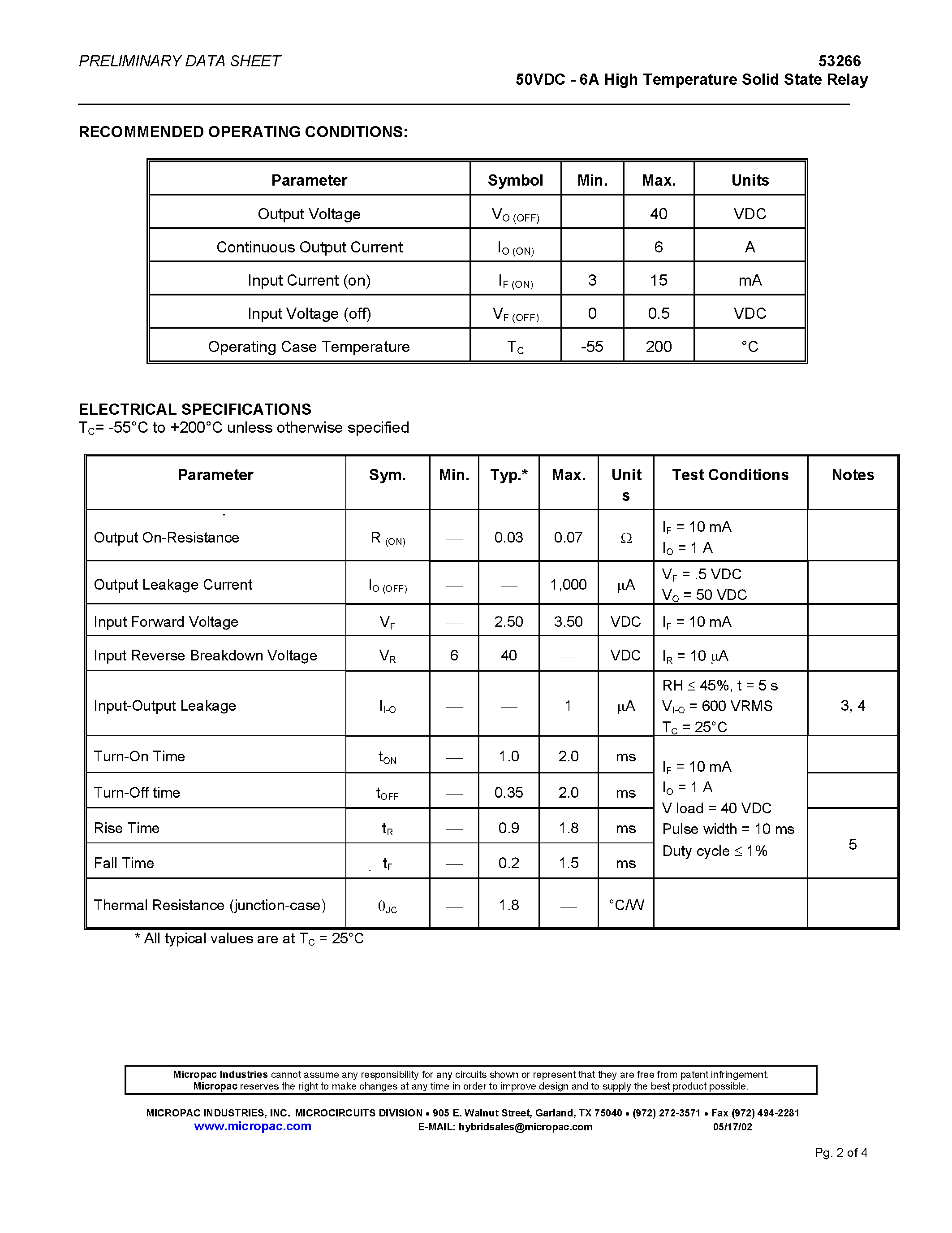 Datasheet 53266 page 2 Datasheet 53266 - 50VDC - 6A HIGH TEMPERATURE SOLID STATE RELAY page 2