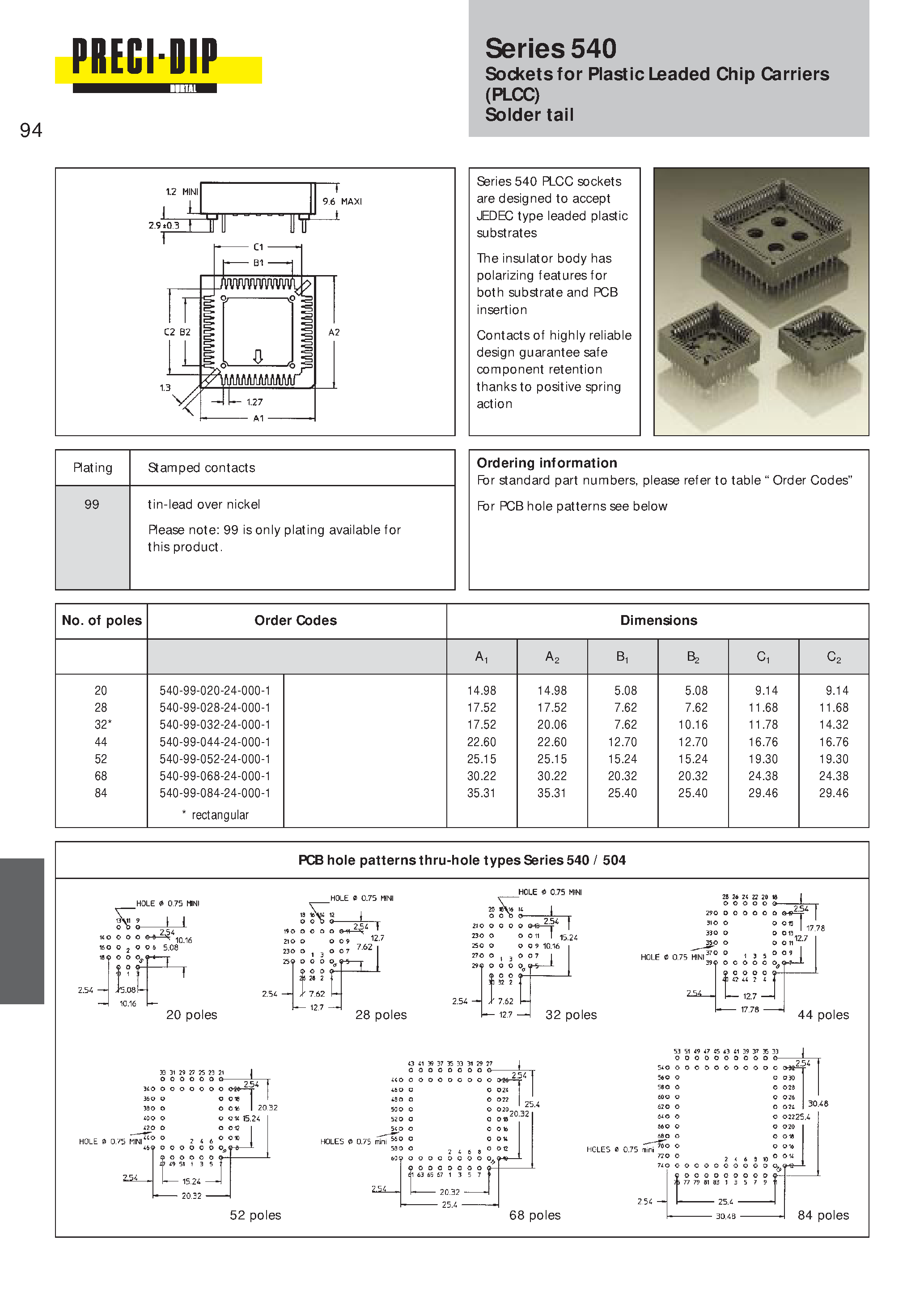 Даташит 540-99-032-24-000-1 - Sockets for Plastic Leaded Chip Carriers (PLCC) Solder tail страница 1