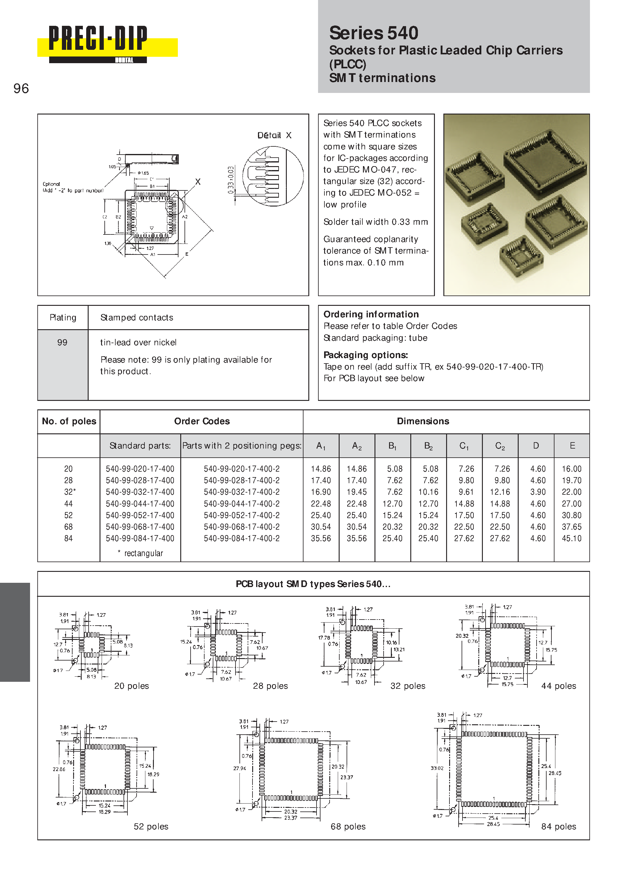 Datasheet 540-99-084-17-400-2 - Sockets for Plastic Leaded Chip Carriers (PLCC) SMT terminations page 1