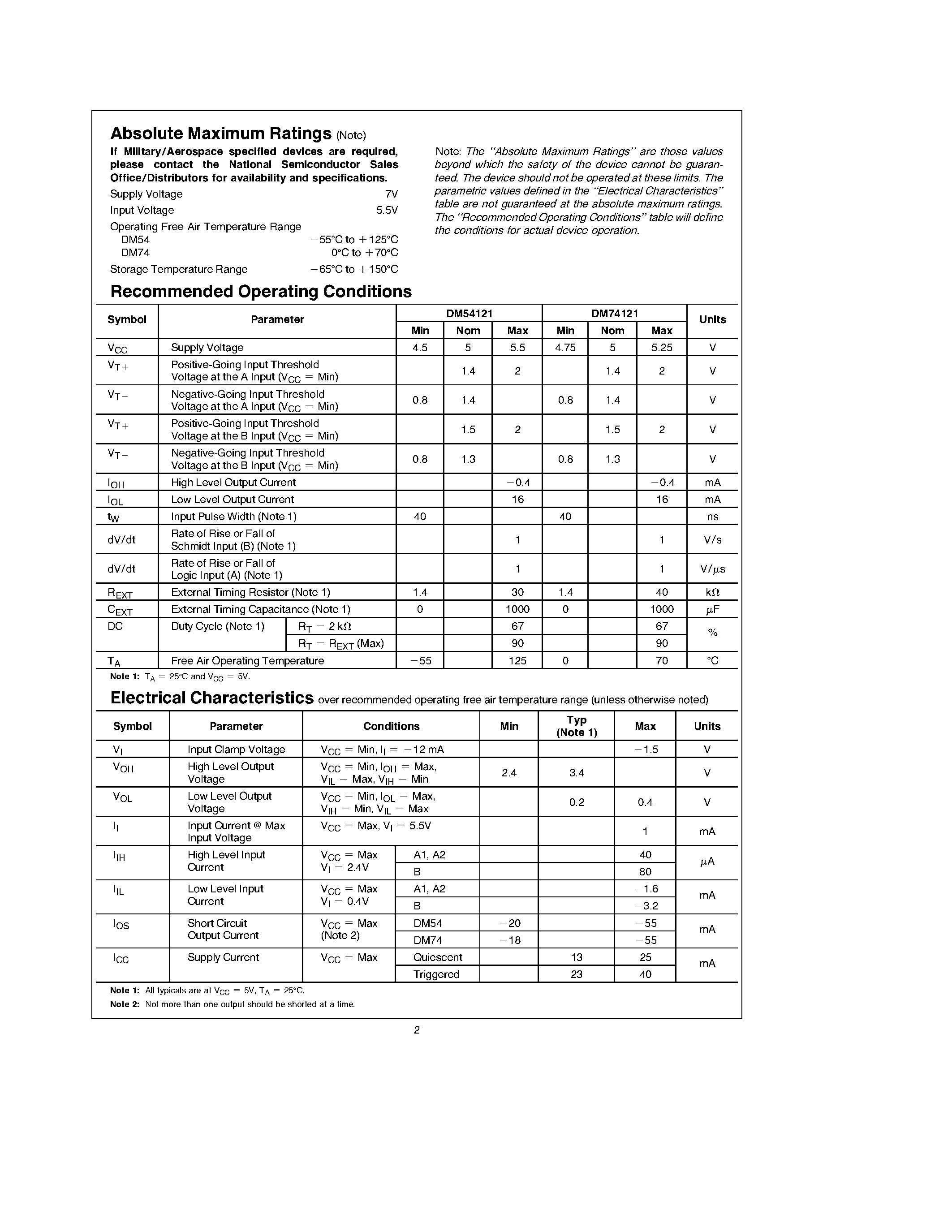 Datasheet 54121DMQB - One-Shot with Clear and Complementary Outputs page 2