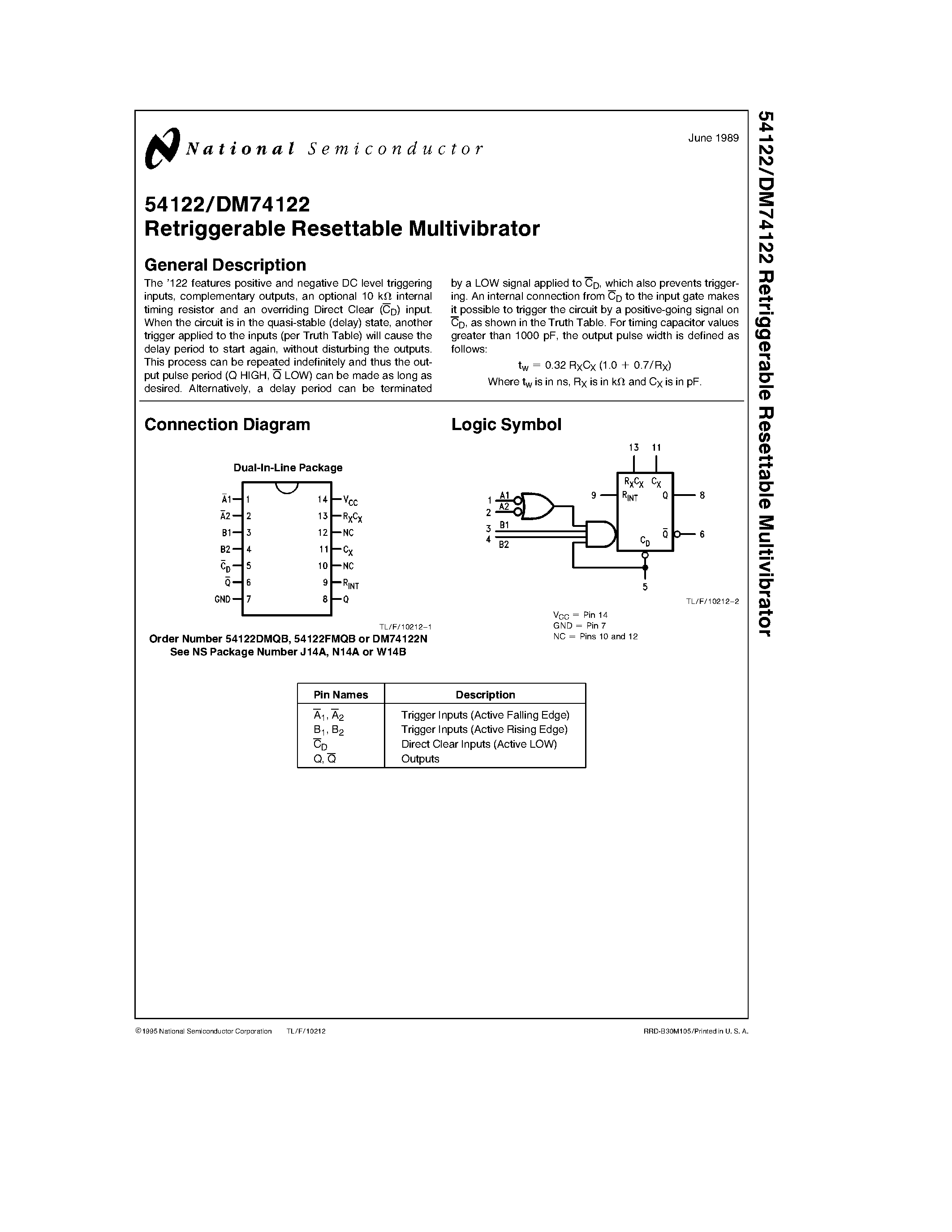 Datasheet 54122 - Retriggerable Resettable Multivibrator page 1
