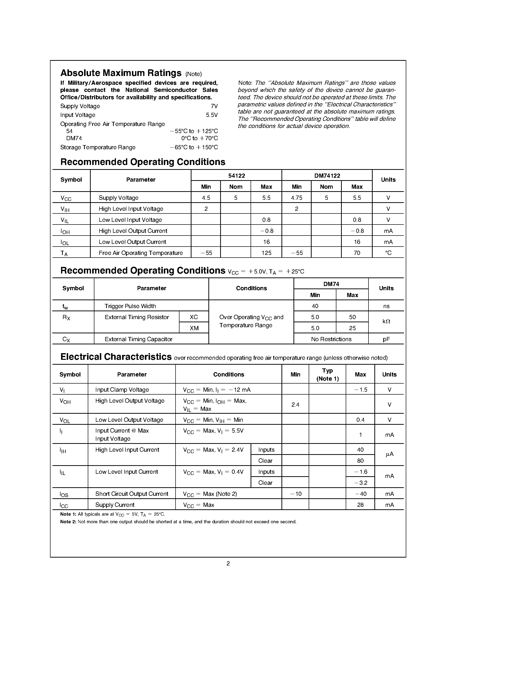 Datasheet 54122 - Retriggerable Resettable Multivibrator page 2