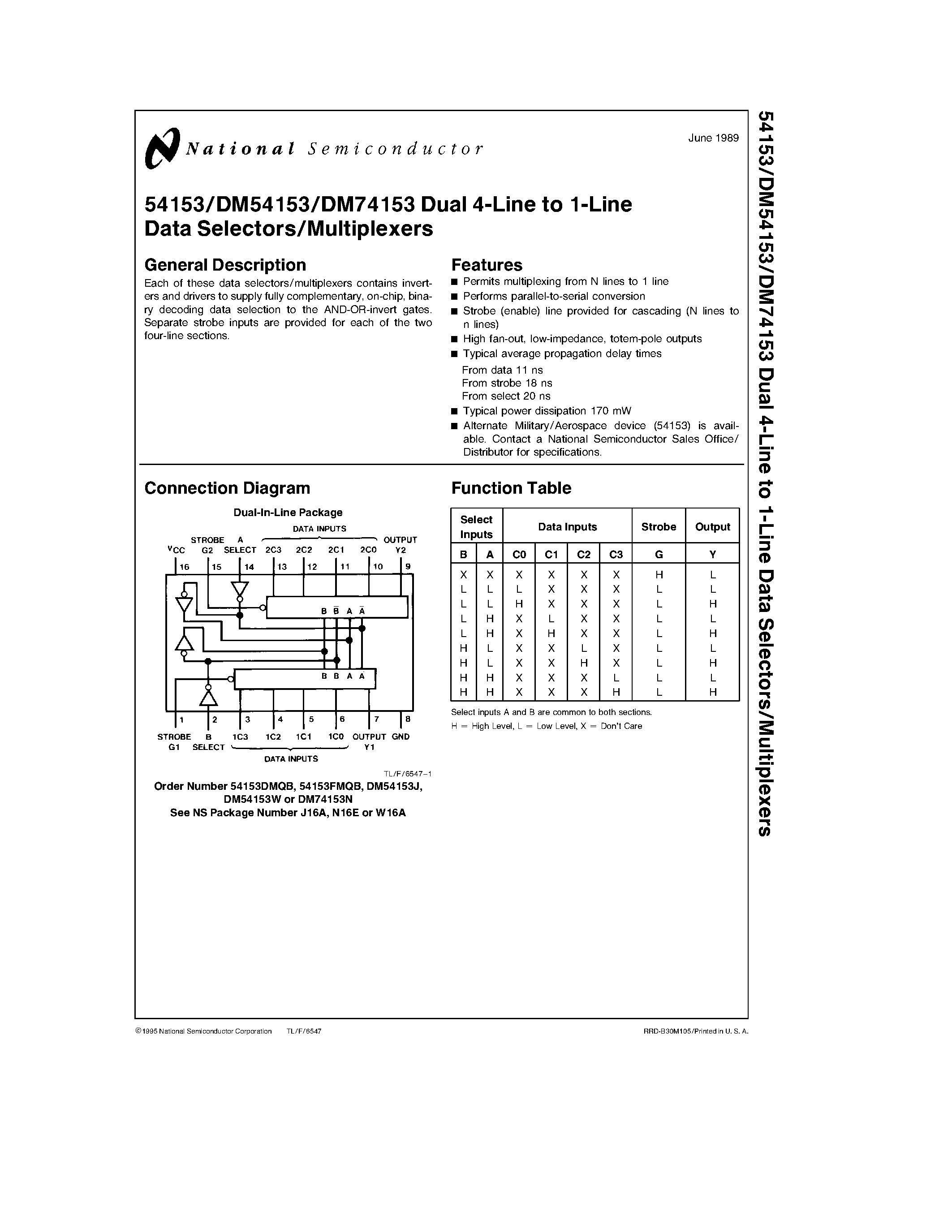 Datasheet 54153 - Dual 4-Line to 1-Line Data Selectors/Multiplexers page 1