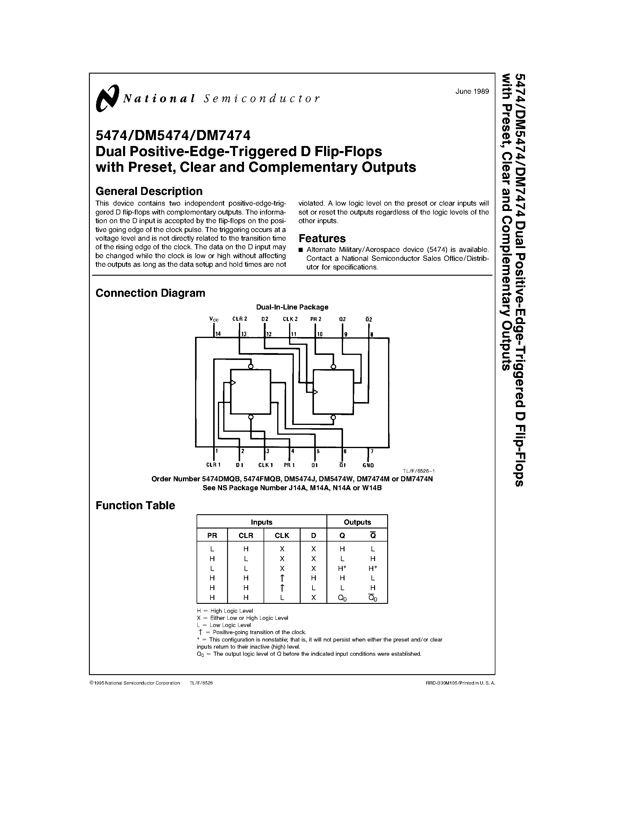 Datasheet 5474DMQB - Dual Positive-Edge-Triggered D Flip-Flops with Preset/ Clear and Complementary Outputs page 1