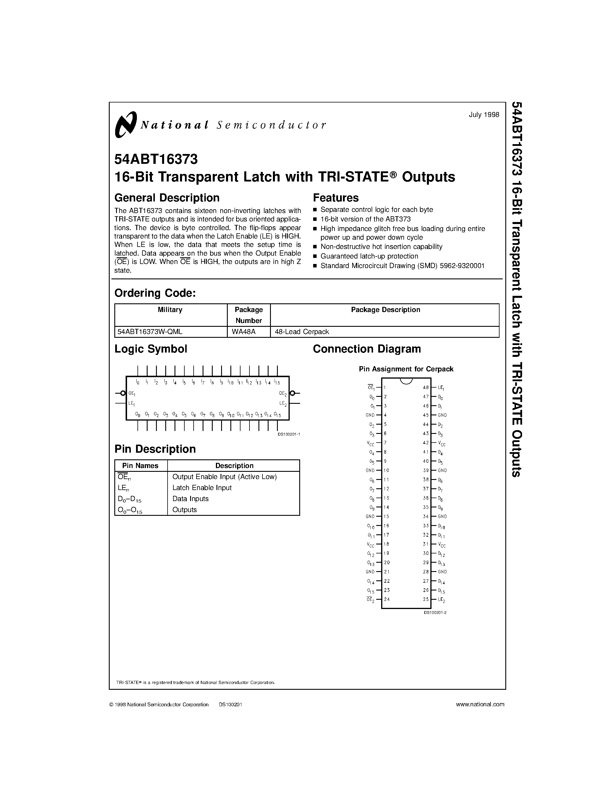 Datasheet 54ABT16373 page 1 Datasheet 54ABT16373 - 16-Bit Transparent Latch with TRI-STATE Outputs page 1