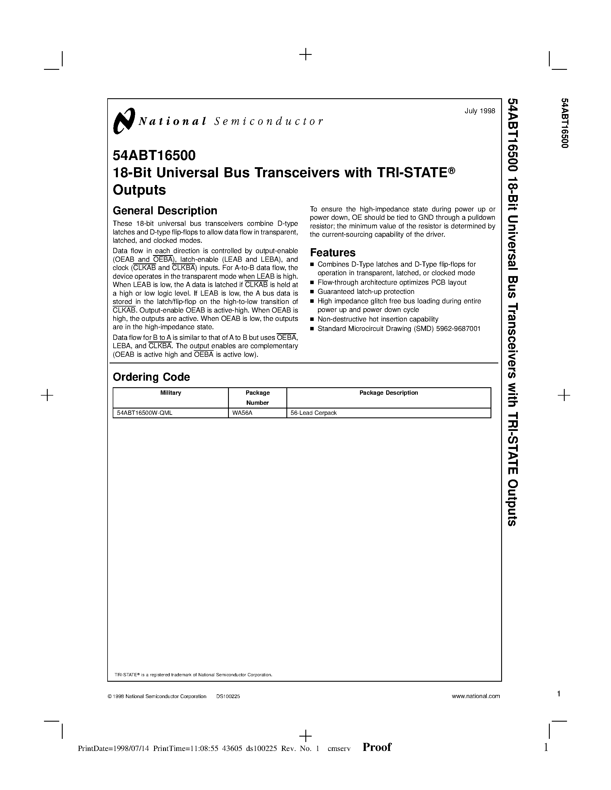 Datasheet 54ABT16500W-QML - 18-Bit Universal Bus Transceivers with TRI-STATE Outputs page 1