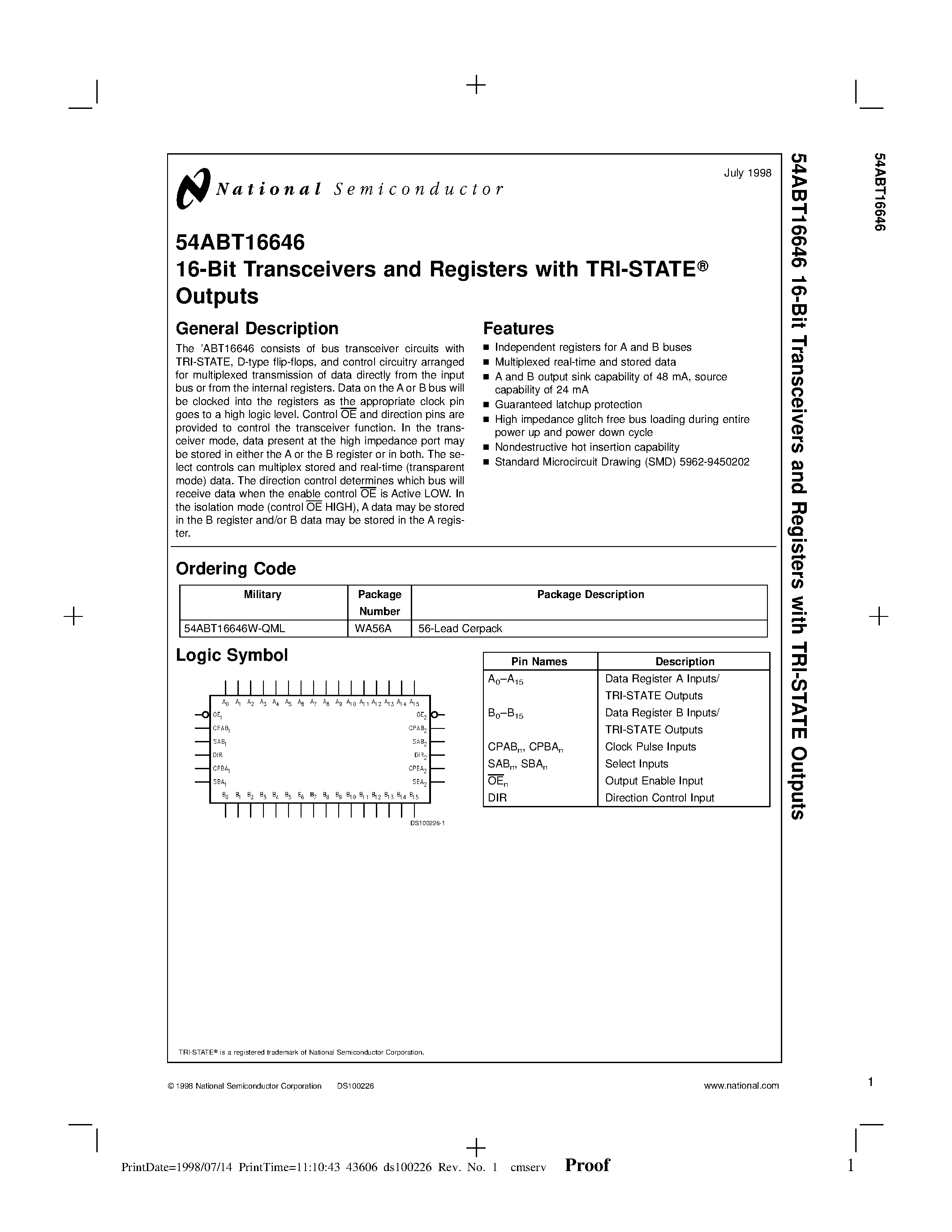 Даташит 54ABT16646 - 16-Bit Transceivers and Registers with TRI-STATE Outputs страница 1