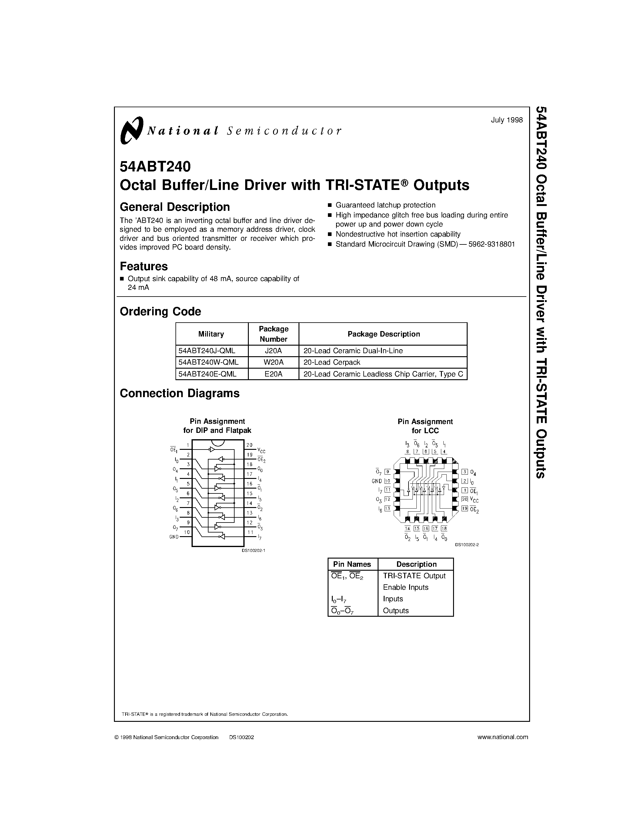Datasheet 54ABT240J-QML - Octal Buffer/Line Driver with TRI-STATE Outputs page 1