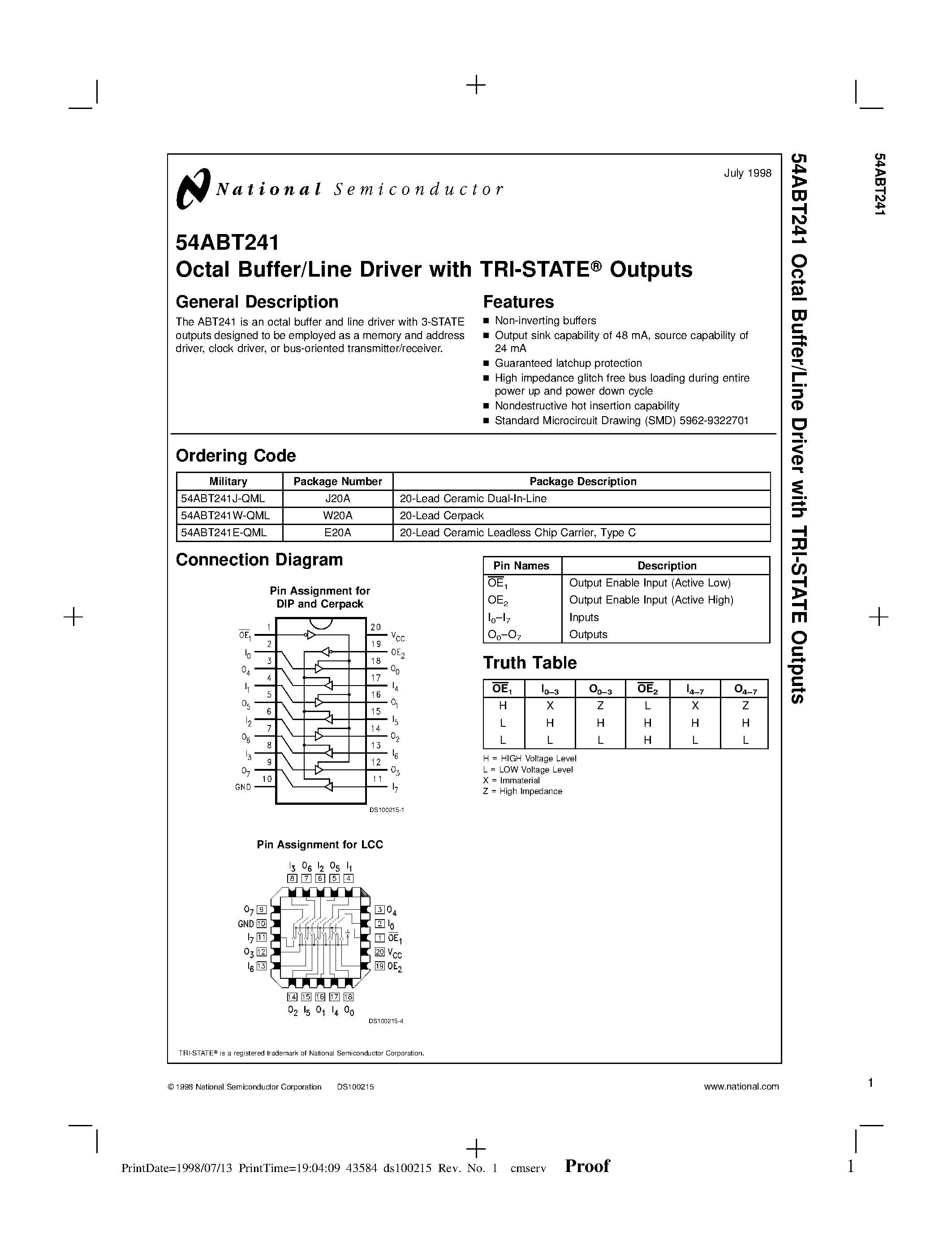 Datasheet 54ABT241 - Octal Buffer/Line Driver with TRI-STATE Outputs page 1