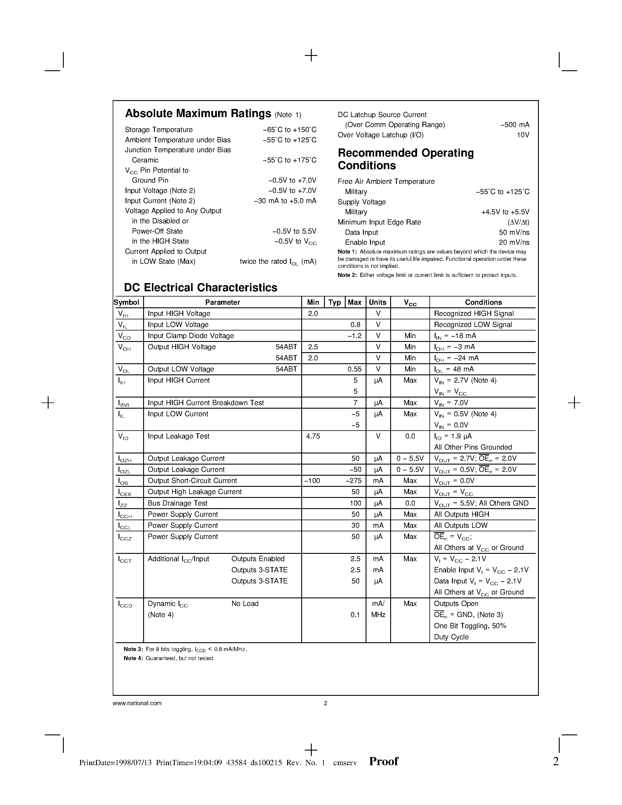 Datasheet 54ABT241 - Octal Buffer/Line Driver with TRI-STATE Outputs page 2