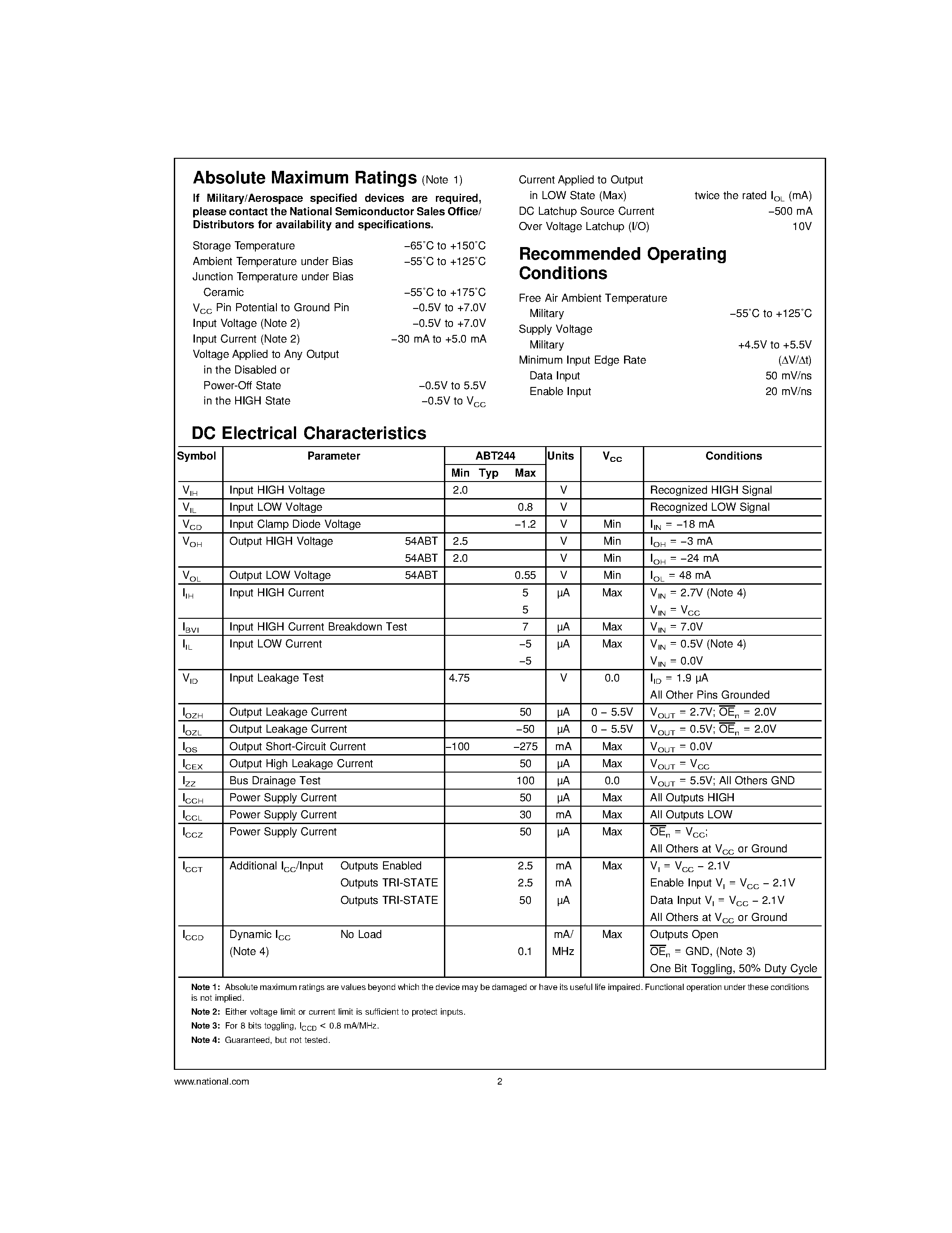Datasheet 54ABT244 - Octal Buffer/Line Driver with TRI-STATE Outputs page 2