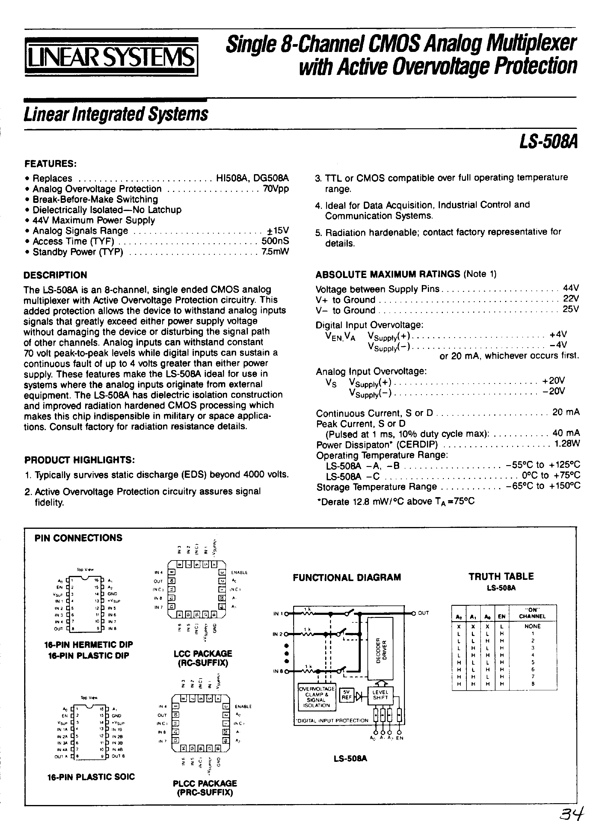 Даташит LS508A - Single 8-Channel CMOS Analog Multiplxer with Active Overvolttage Protection страница 1