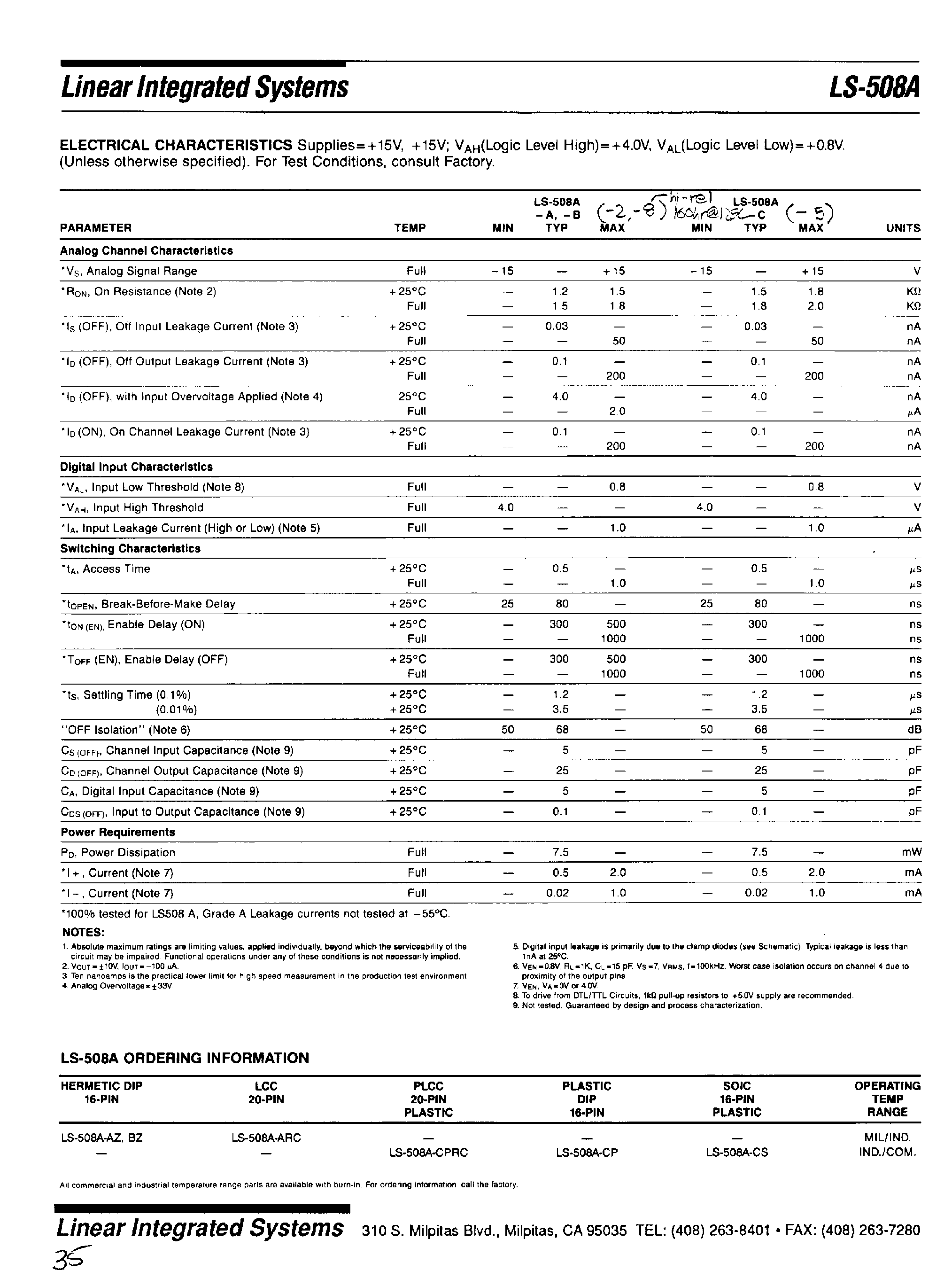 Даташит LS508A - Single 8-Channel CMOS Analog Multiplxer with Active Overvolttage Protection страница 2