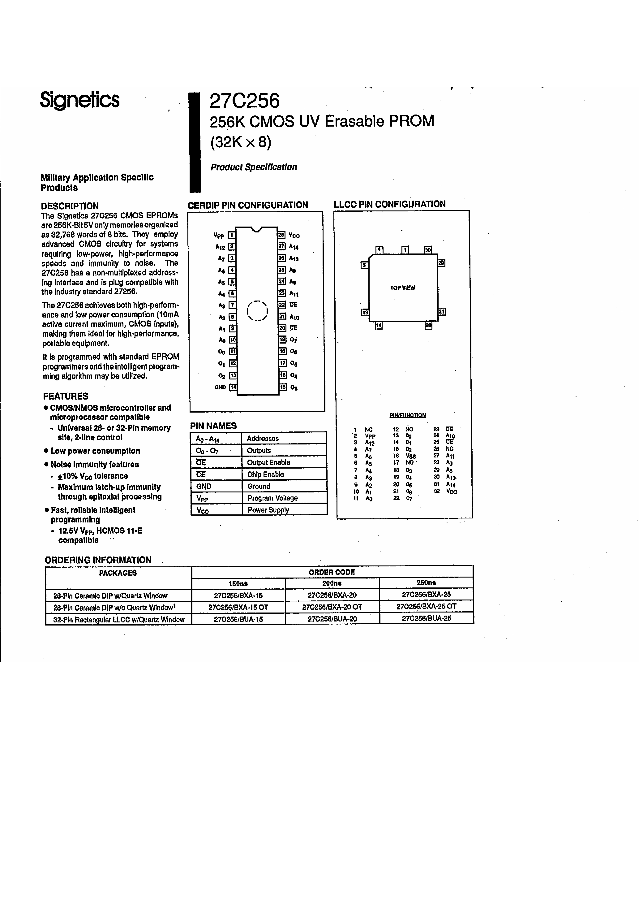 Datasheet 27C256 - 256K CMOS UV Erasable PROM (32K X 8) page 1