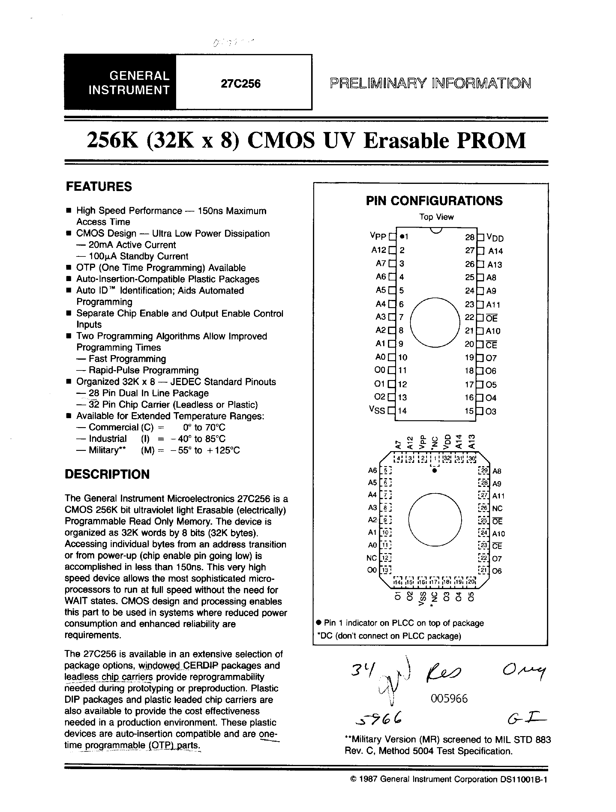 Datasheet 27C256 - 256K CMOS UV Erasable PROM (32K X 8) page 1