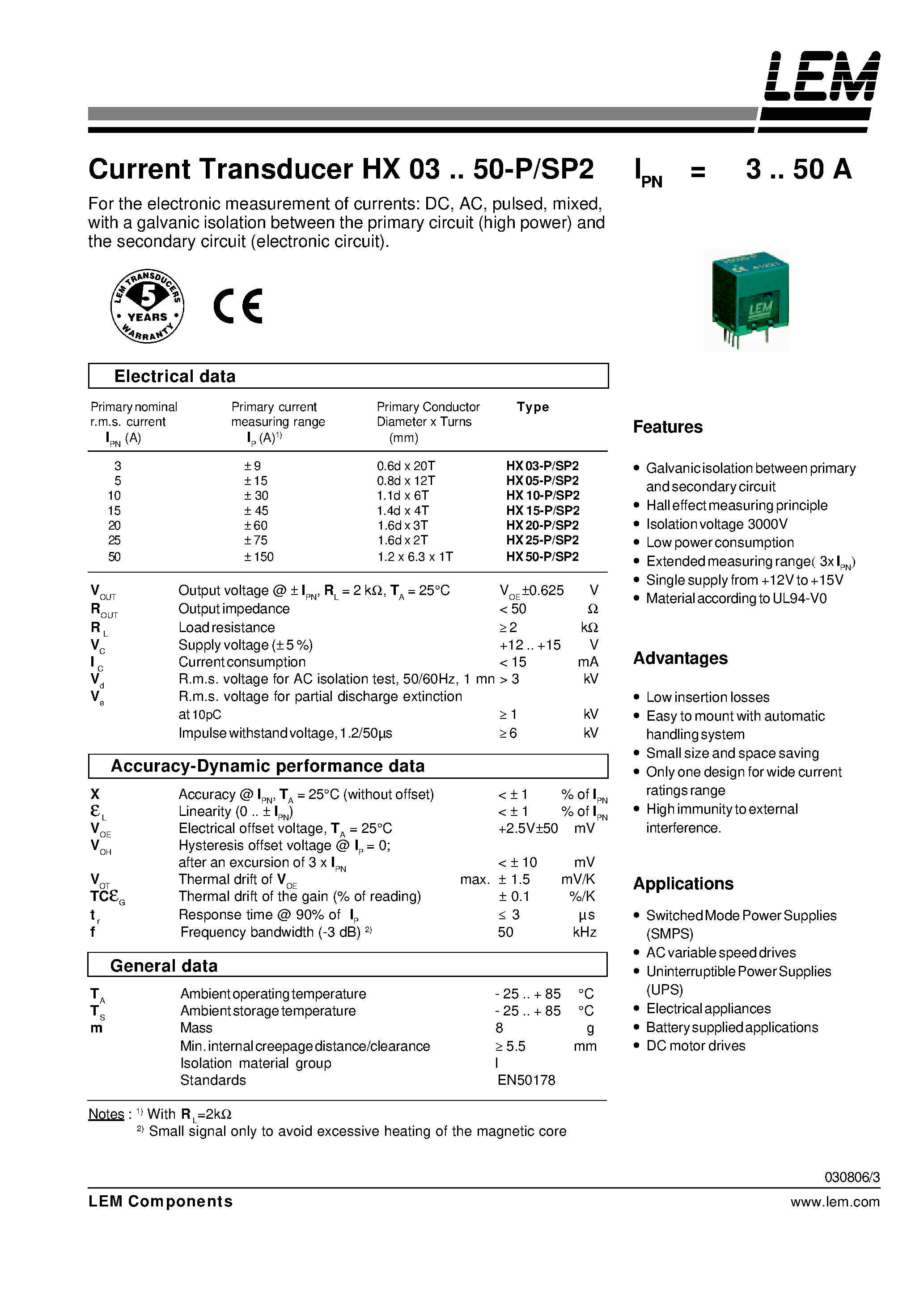 Даташит HX05-P - Current Transducer HX 03~50-P страница 1