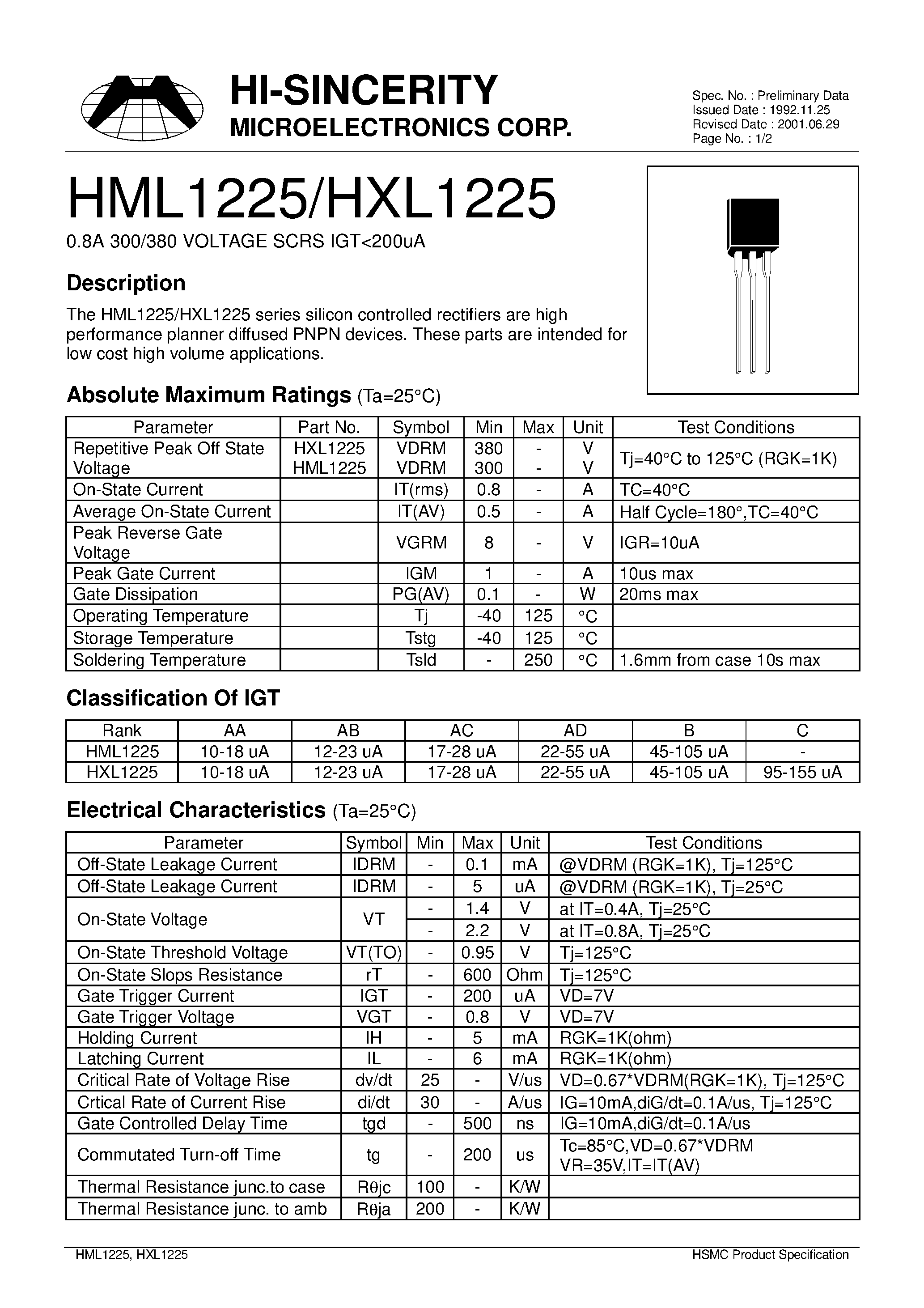 Datasheet HXL1225 page 1 Datasheet HXL1225 - 0.8A 300.380 VOLTAGE SCRS IGT<200uA page 1