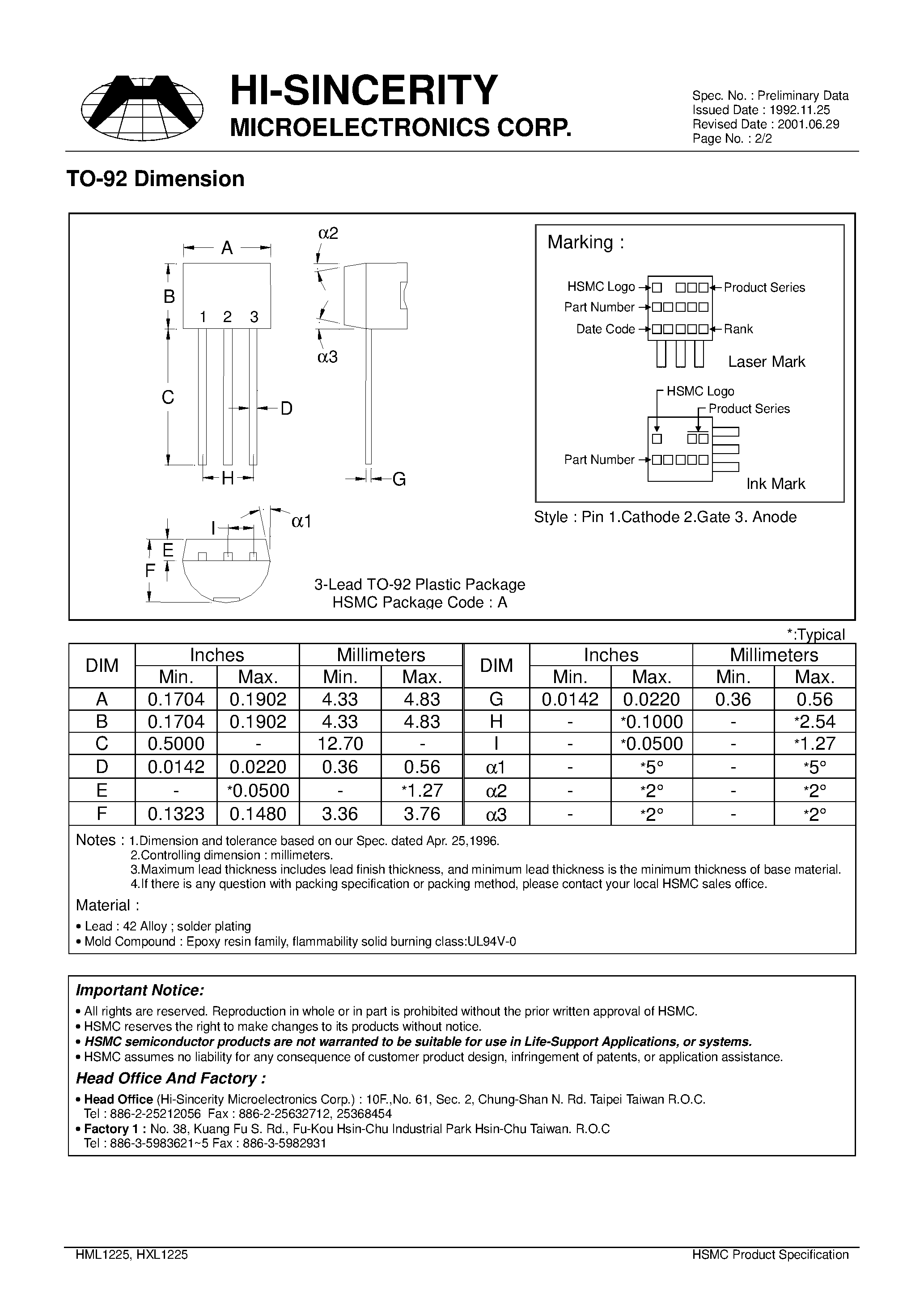 Datasheet HXL1225 page 2 Datasheet HXL1225 - 0.8A 300.380 VOLTAGE SCRS IGT<200uA page 2