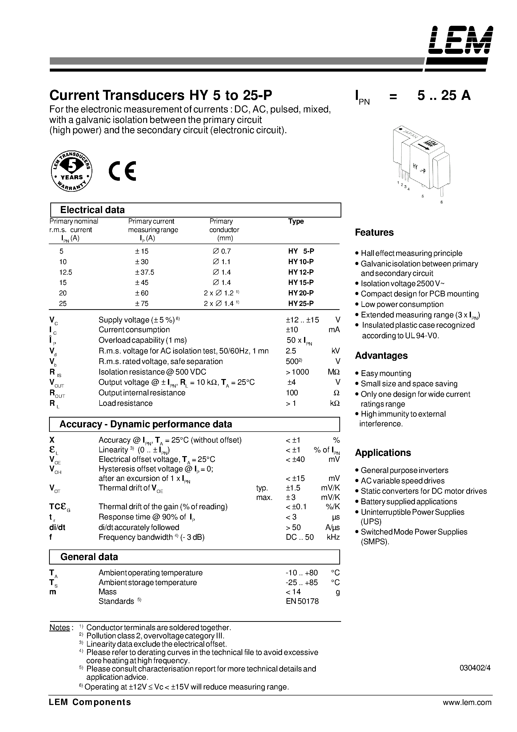 Даташит HY10-P - Current Transducers HY 5 to 25-P страница 1