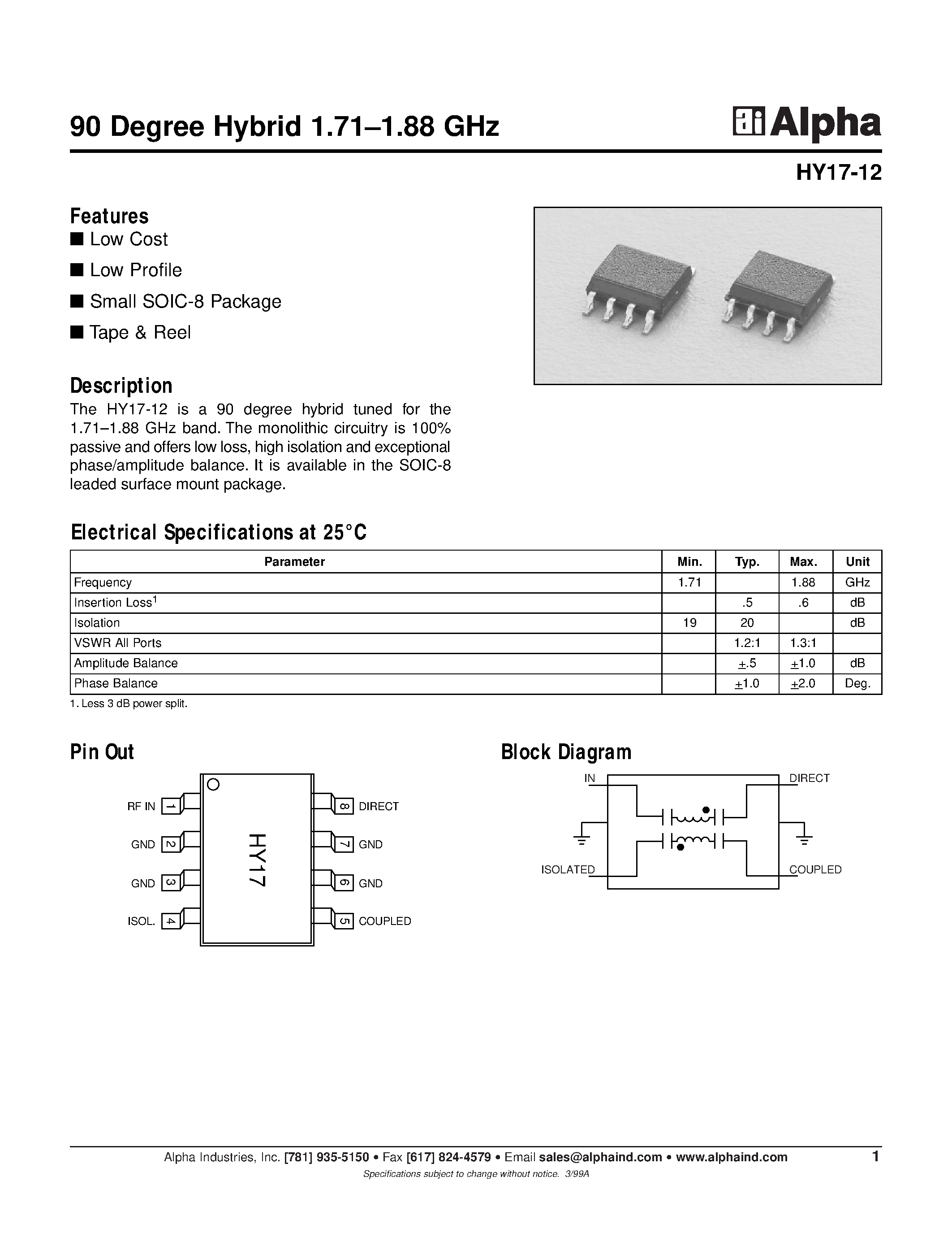 Datasheet HY17-12 - 90 Degree Hybrid 1.71-1.88 GHz page 1