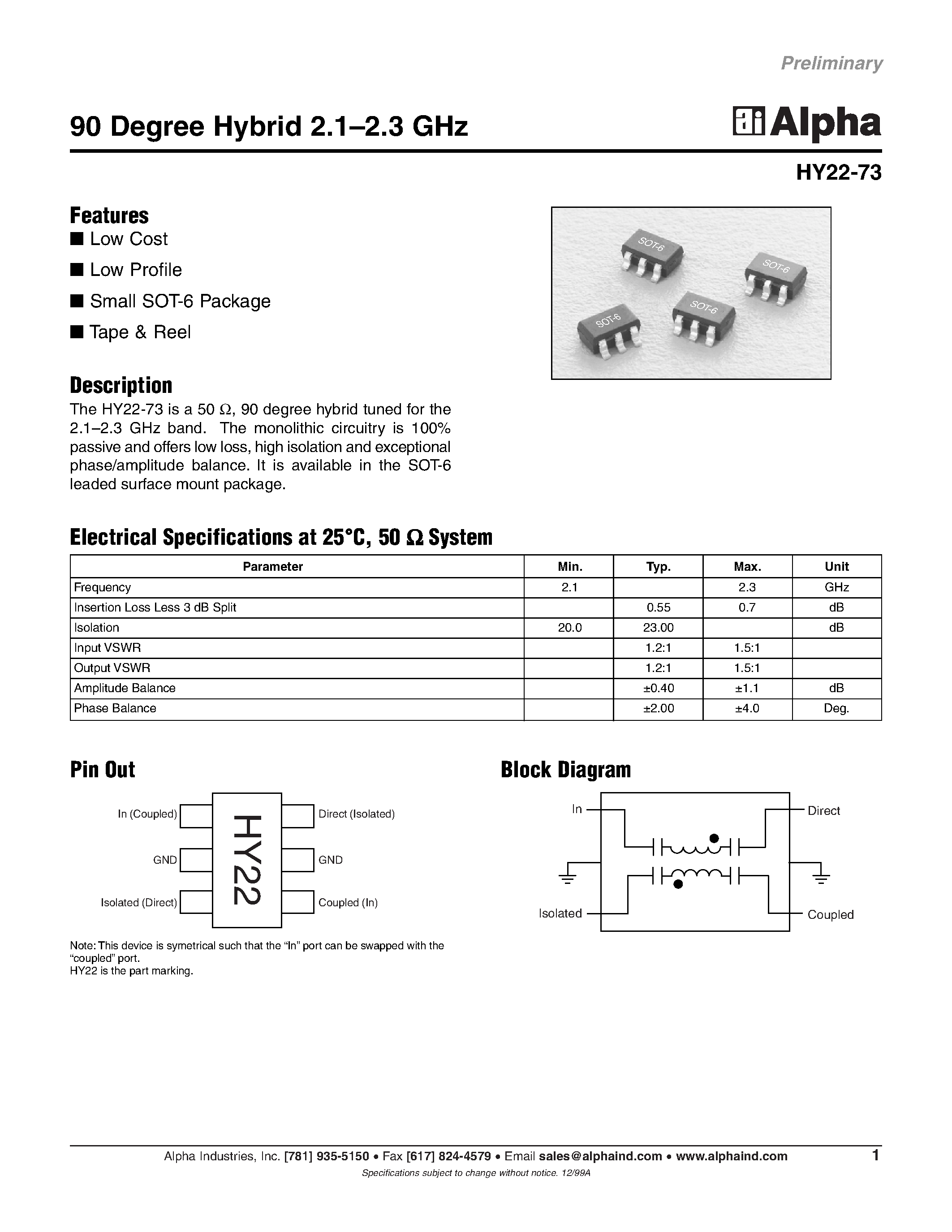 Datasheet HY22-73 - 90 Degree Hybrid 2.1-2.3 GHz page 1