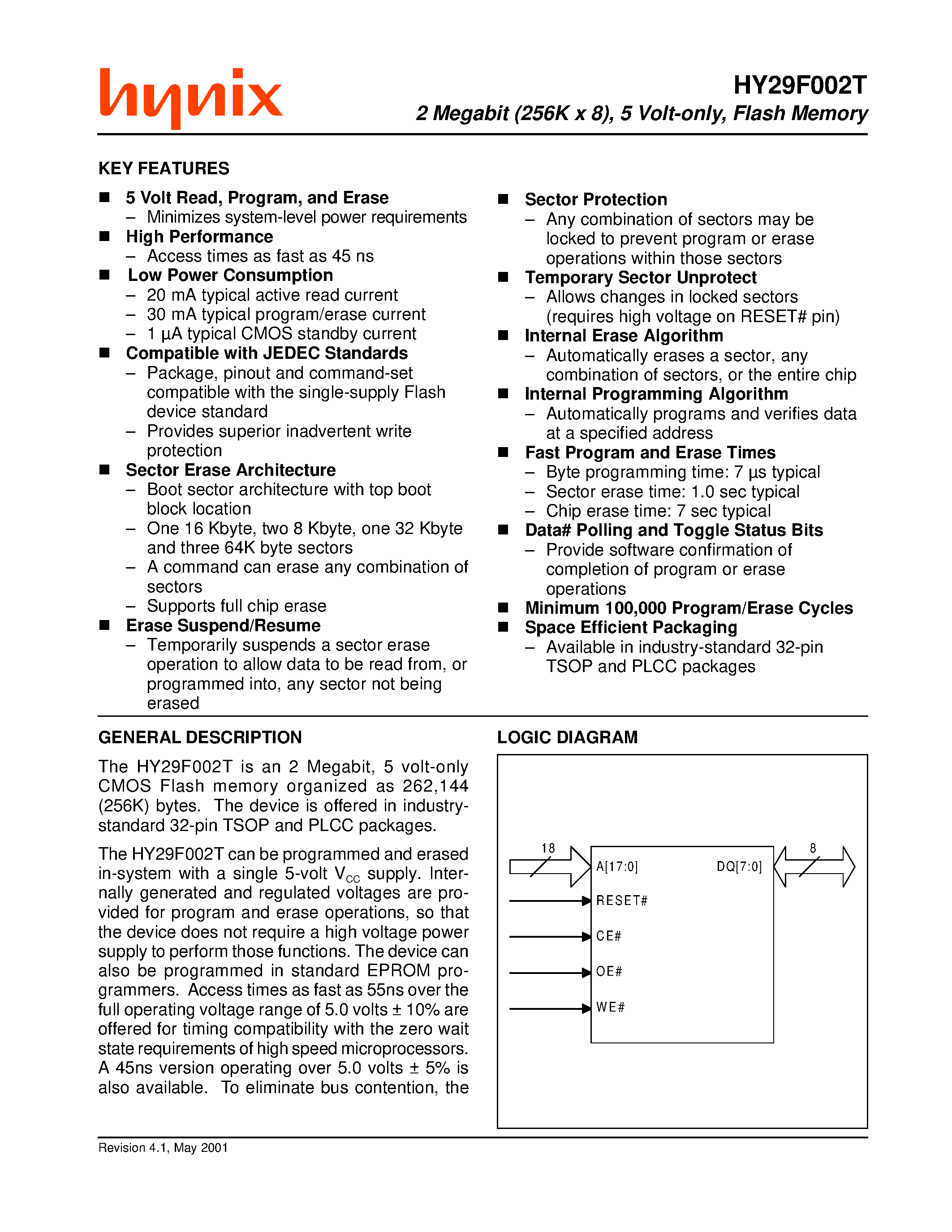Datasheet HY29F002TC-70 - 2 Megabit (256K x 8)/ 5 Volt-only/ Flash Memory page 1
