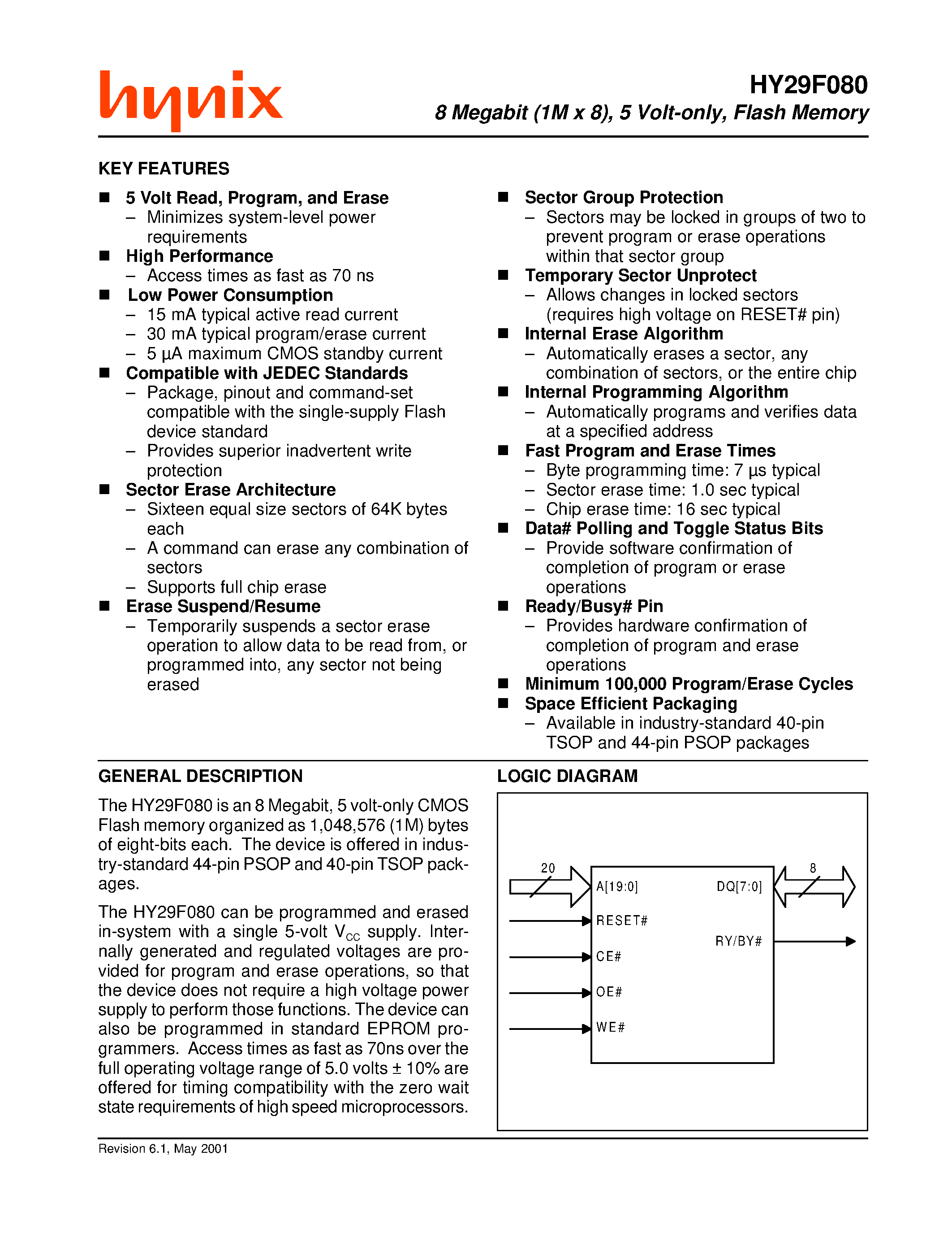 Datasheet HY29F080 - 8 Megabit (1M x 8)/ 5 Volt-only/ Flash Memory page 1