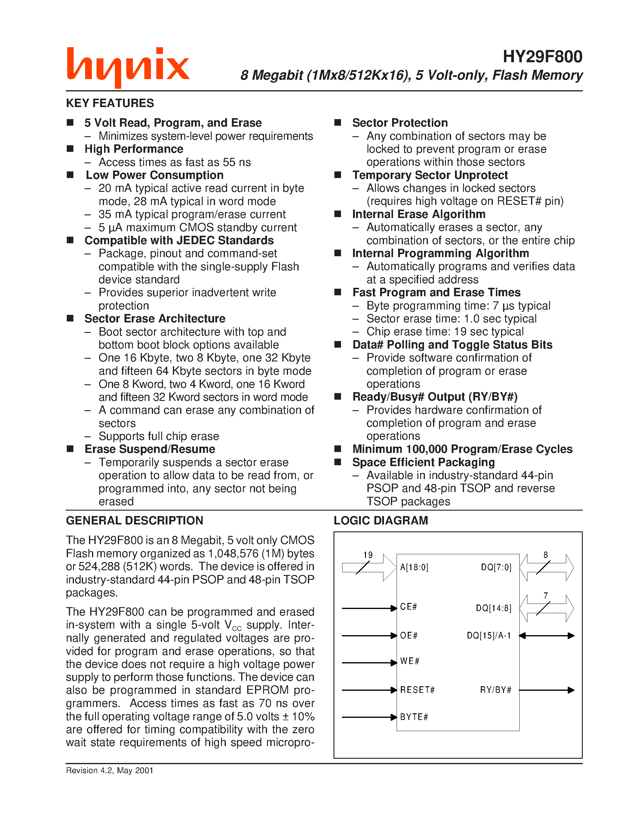 Datasheet HY29F800 - 8 Megabit (1Mx8/512Kx16)/ 5 Volt-only/ Flash Memory page 1