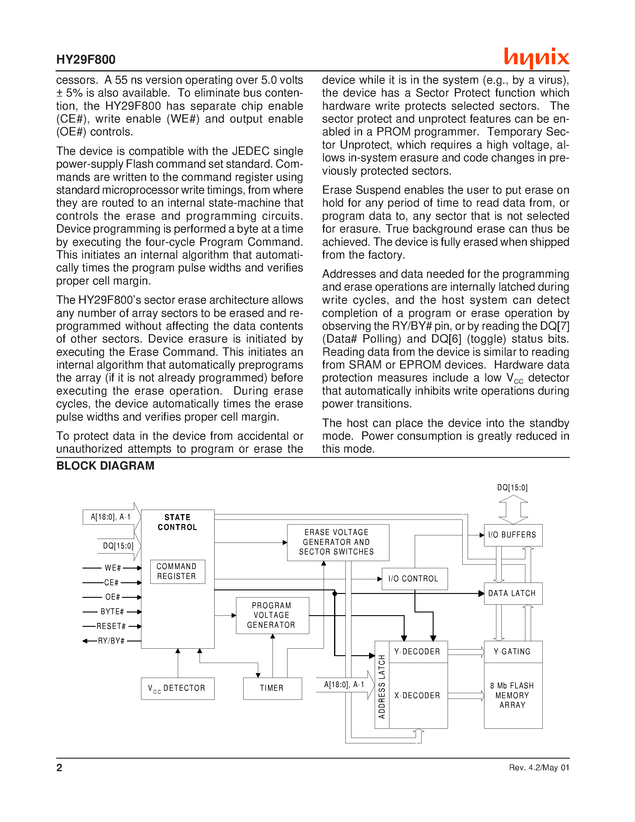 Datasheet HY29F800 - 8 Megabit (1Mx8/512Kx16)/ 5 Volt-only/ Flash Memory page 2