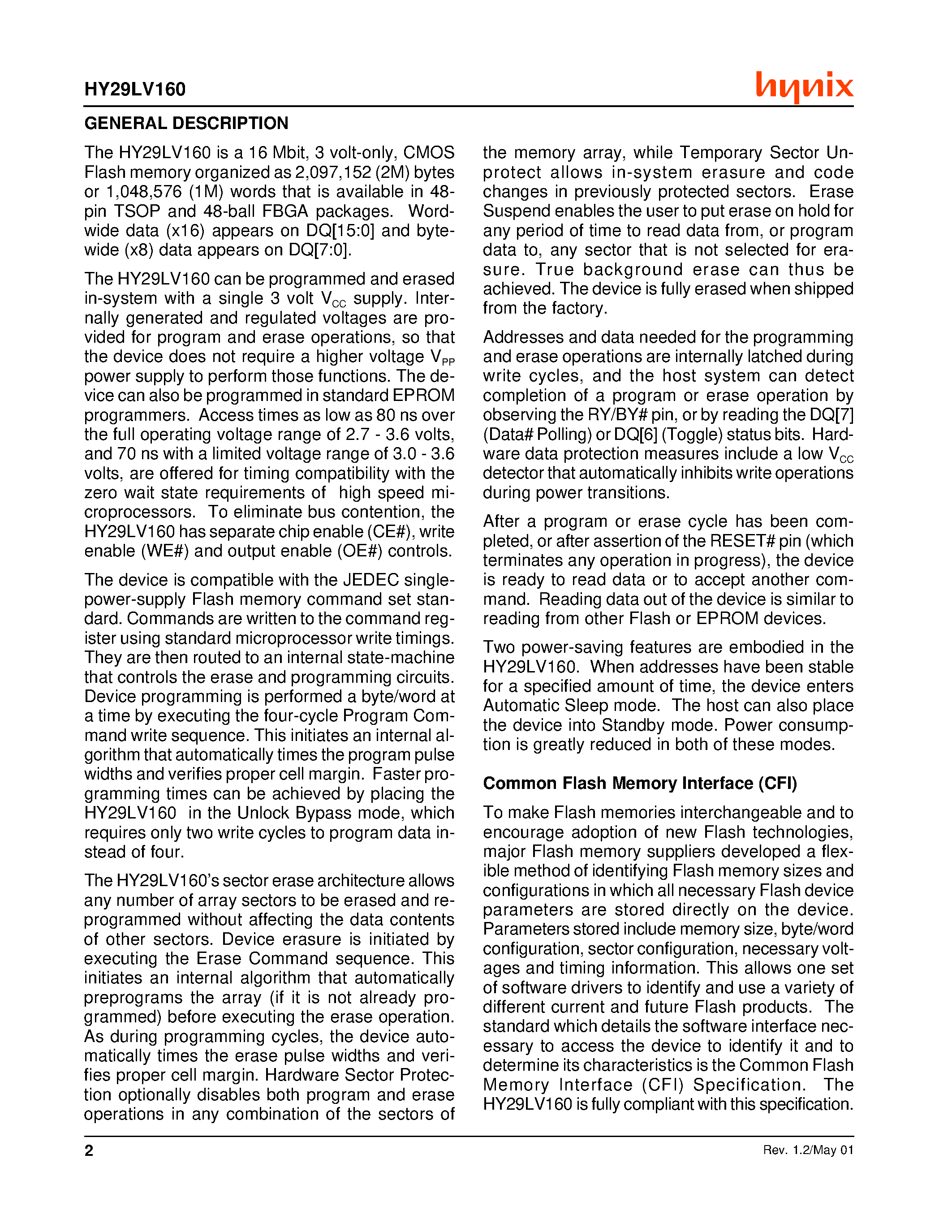 Datasheet HY29LV160BF-80I - 16 Mbit (2M x 8/1M x 16) Low Voltage Flash Memory page 2