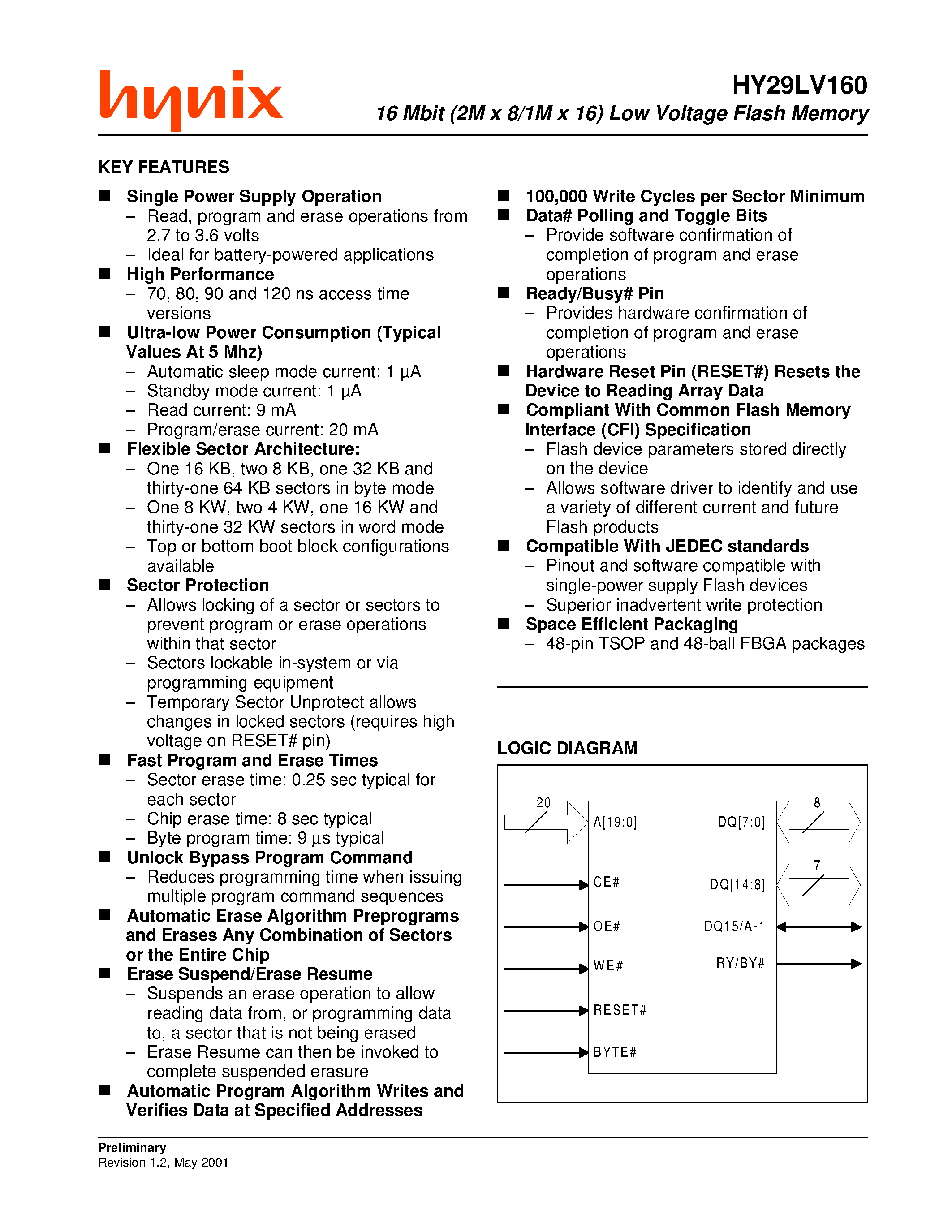 Datasheet HY29LV160TT-12 - 16 Mbit (2M x 8/1M x 16) Low Voltage Flash Memory page 1