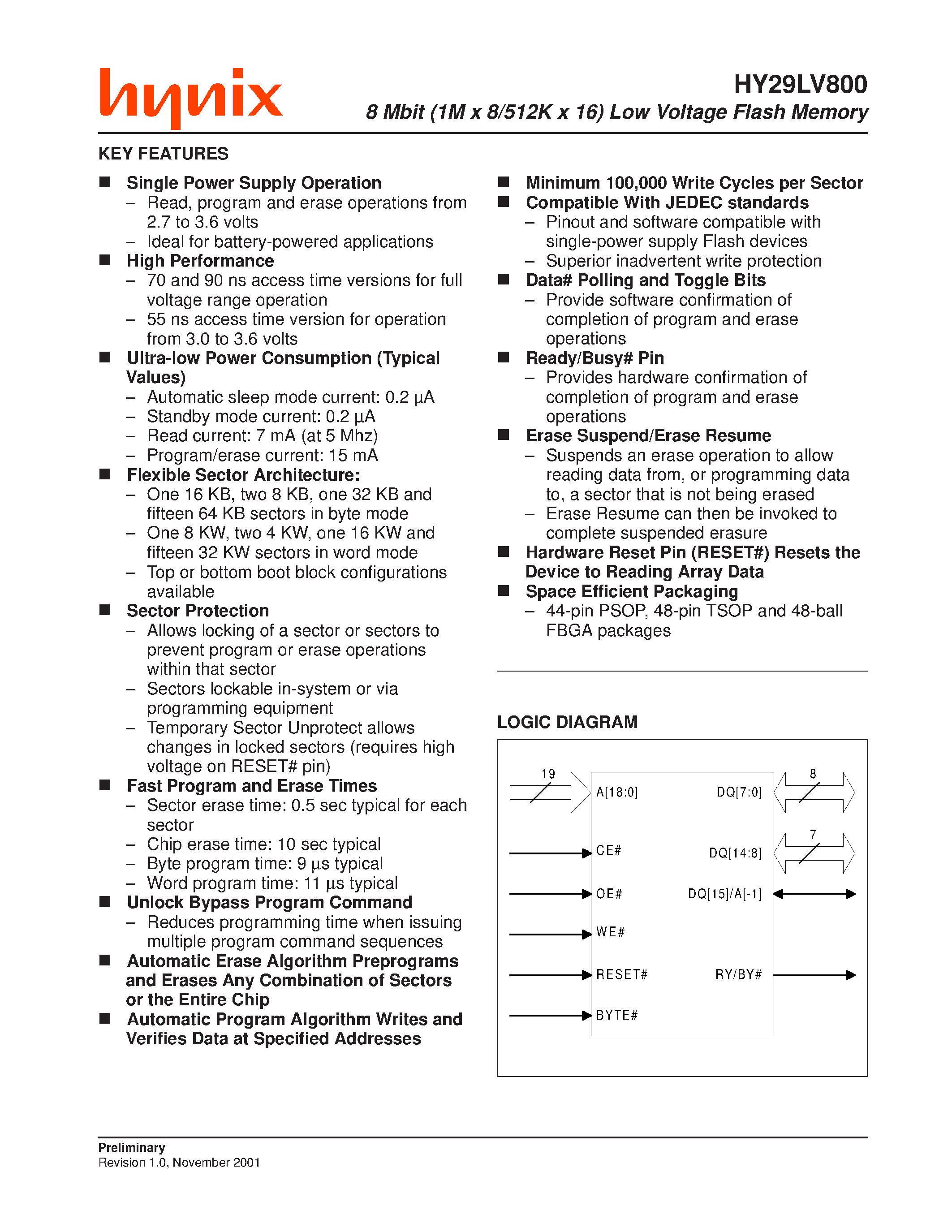 Datasheet HY29LV800T-70 - 8 Mbit (1M x 8/512K x 16) Low Voltage Flash Memory page 1