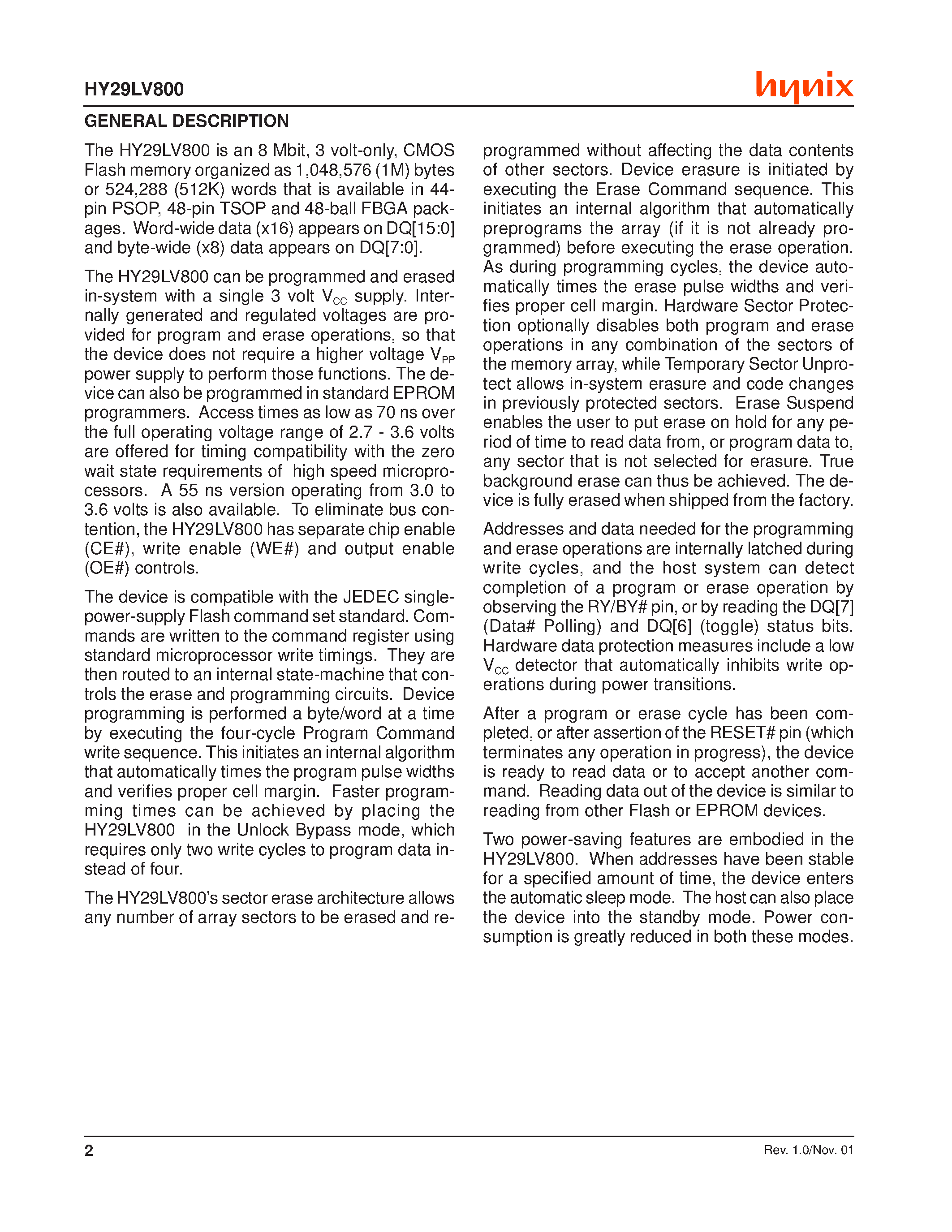 Datasheet HY29LV800T-90I - 8 Mbit (1M x 8/512K x 16) Low Voltage Flash Memory page 2