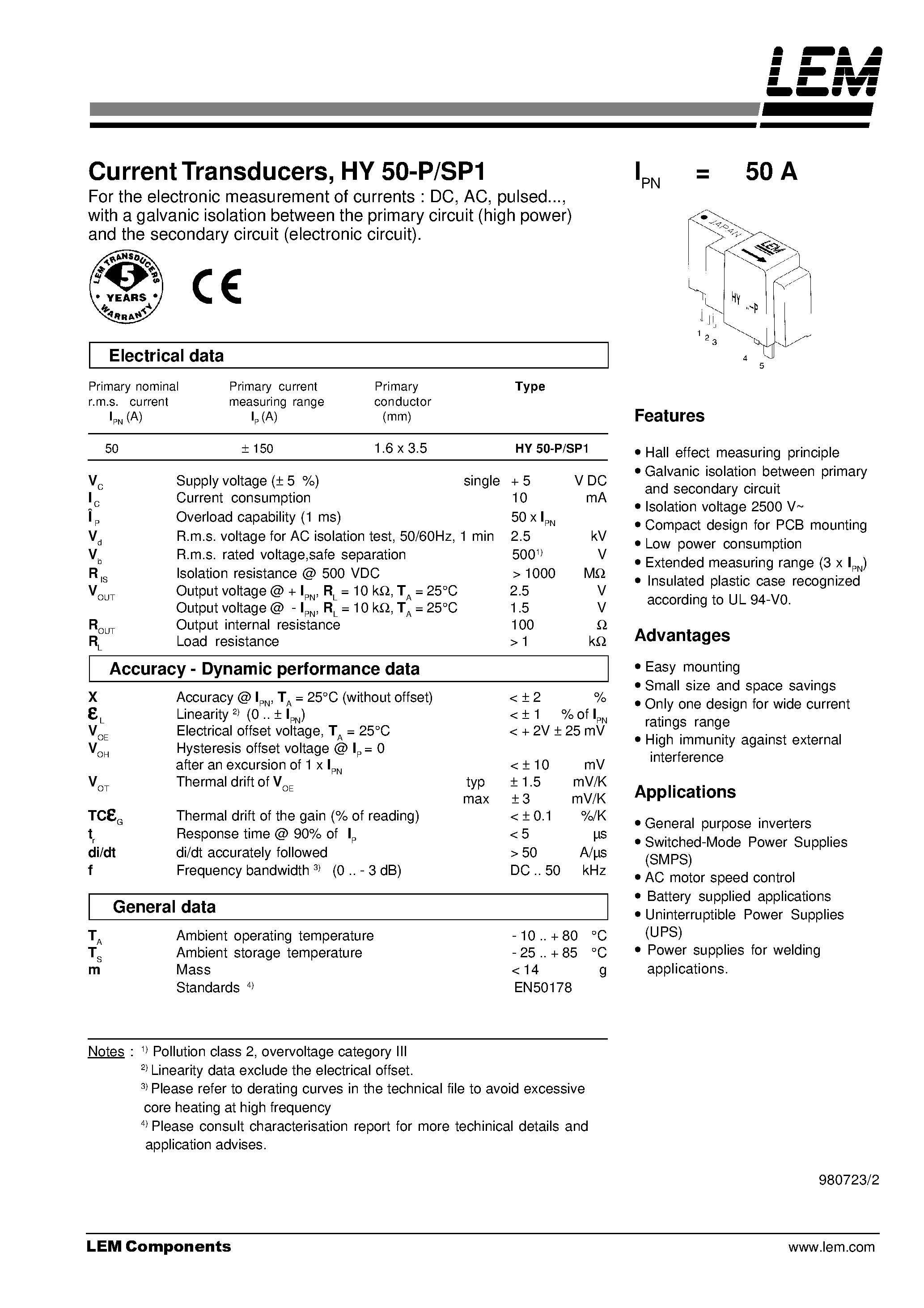 Datasheet HY50P - Current Transducers/ HY 50-P/SP1 page 1